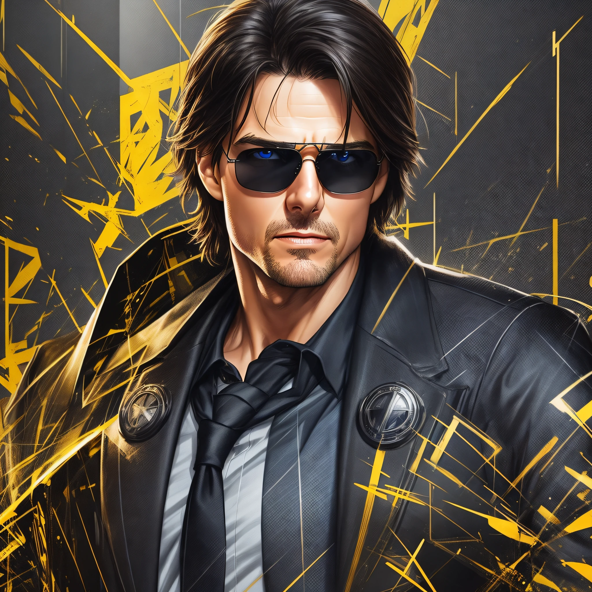 Tom Cruise standing with his mouth sewn up, showing off the entire body of designer suit, jewelry and tie dark photo: realistic epic, distant portrait, sunglasses, blue eyes, black hair, yellow gradient, black, brown and magenta color scheme, grunge aesthetic!!! War wall background, art and artgerm, soft cinematic light, adobe lightroom, photo lab, blurred background --auto --s2