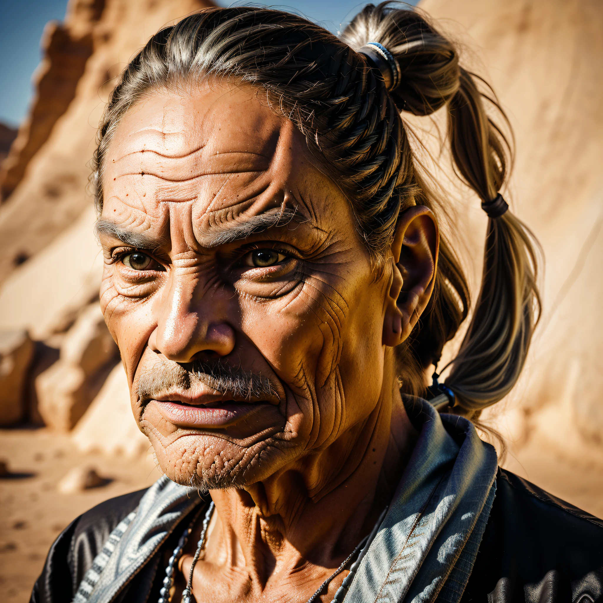 (1 Old man), (bass), sole, (wrinkled), Apache style, (hair is silver and long tied in a ponytail). His eyes are deep and wise, with a mysterious glint. He has a face marked by experiences and wrinkles, transmitting ancestral wisdom. His posture is upright and his gaze reveals a deep connection to the spiritual world., determined, Color Field painting, high detail, depth of field, cinematic lighting, Fujicolor, 85mm, Fujifilm, UHD, masterpiece, anatomically correct, textured skin, super detail, high details, high quality, best quality, highres, 16k