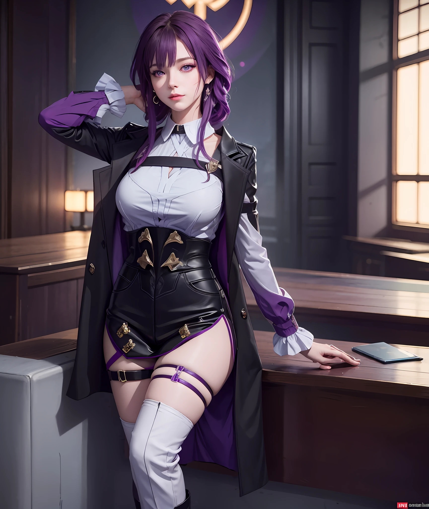 masterpiece, best quality, 1girl, official, purple eyes, purple hair, busty, cowboy shot, looking at viewer, dark, (darkness), cinematic light, rim light, detailed eyes, (pureerosface_v1:0.5), looking at viewer, (realistic: 1.2), teasing, honkai star rail, crossed leg, arrogant, bangs evil face, fantasy background