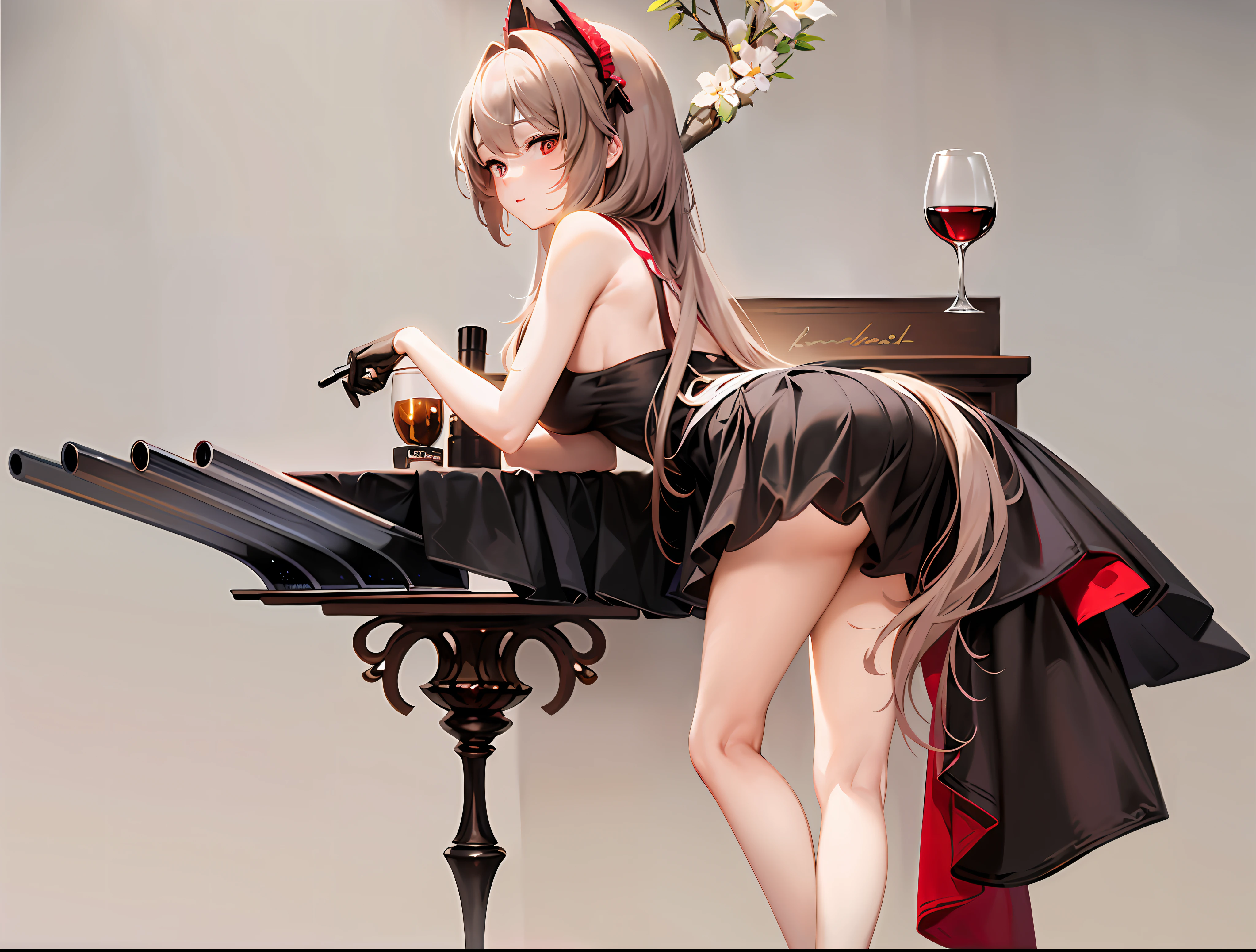 Close-up of a figure on a table holding a wine glass with fine details. Girl Front, From Girl Front, Girl Front, M4 Sopmod II Girl Front, (Highly Detailed Characters), Azure Lane Style, Girl Front CG, Seductive Anime Girl, Mystery Coffee Shop Girl, Girl Front, Full Pose, Characters from Azure Lane, Pop-up Parade Characters