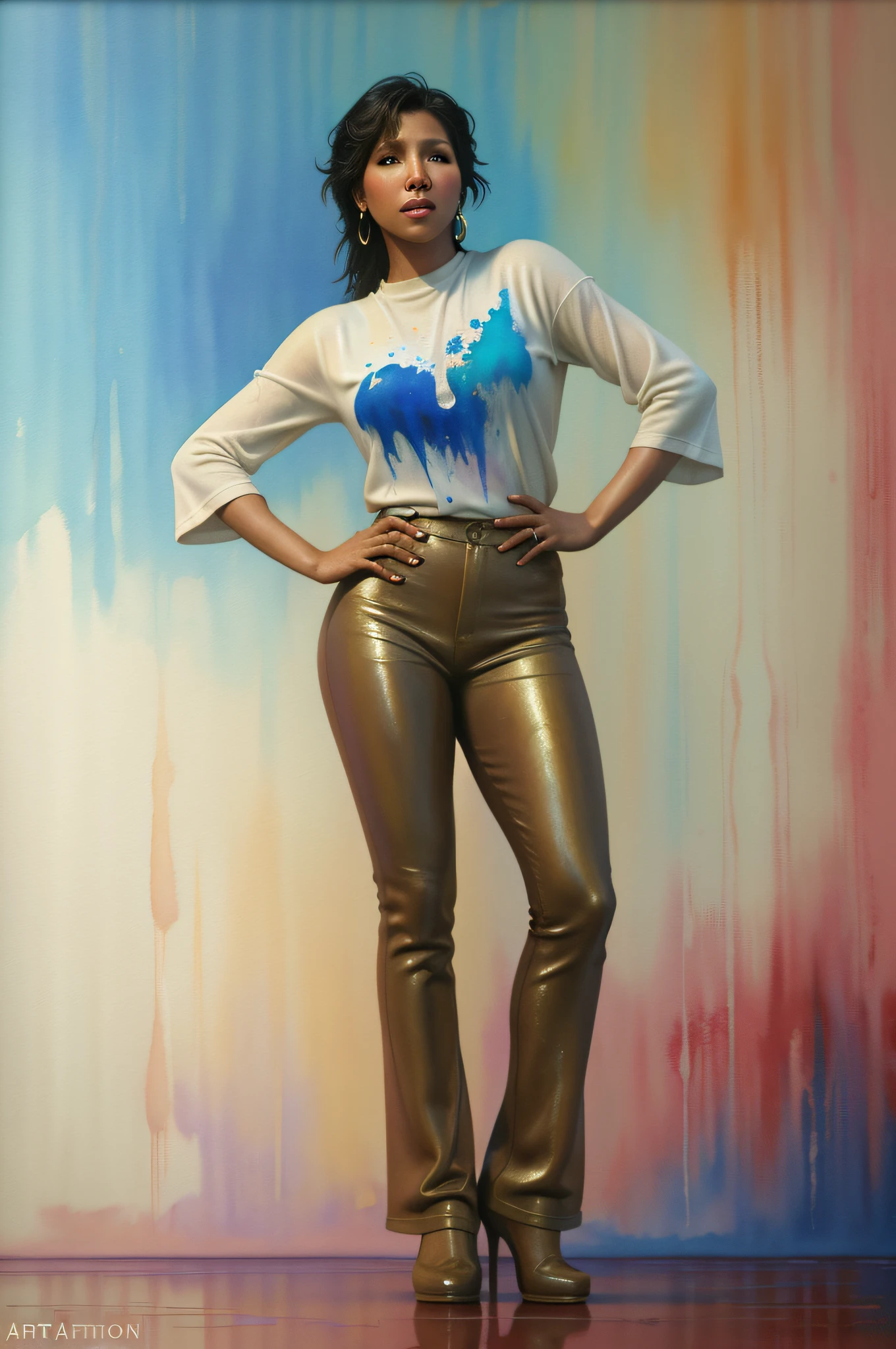 Toni Braxton crying tears rolling on her face in a standing pose, artist studio, by artgerm and Edouard Bisson, highly detailed, art by Stanley Artgerm, Charlie Bowater, Atey Ghailan and Mike Mignola, by greg rutkowski, oil painting, heavy strokes, paint dripping, kids story book style, muted colors, watercolor style