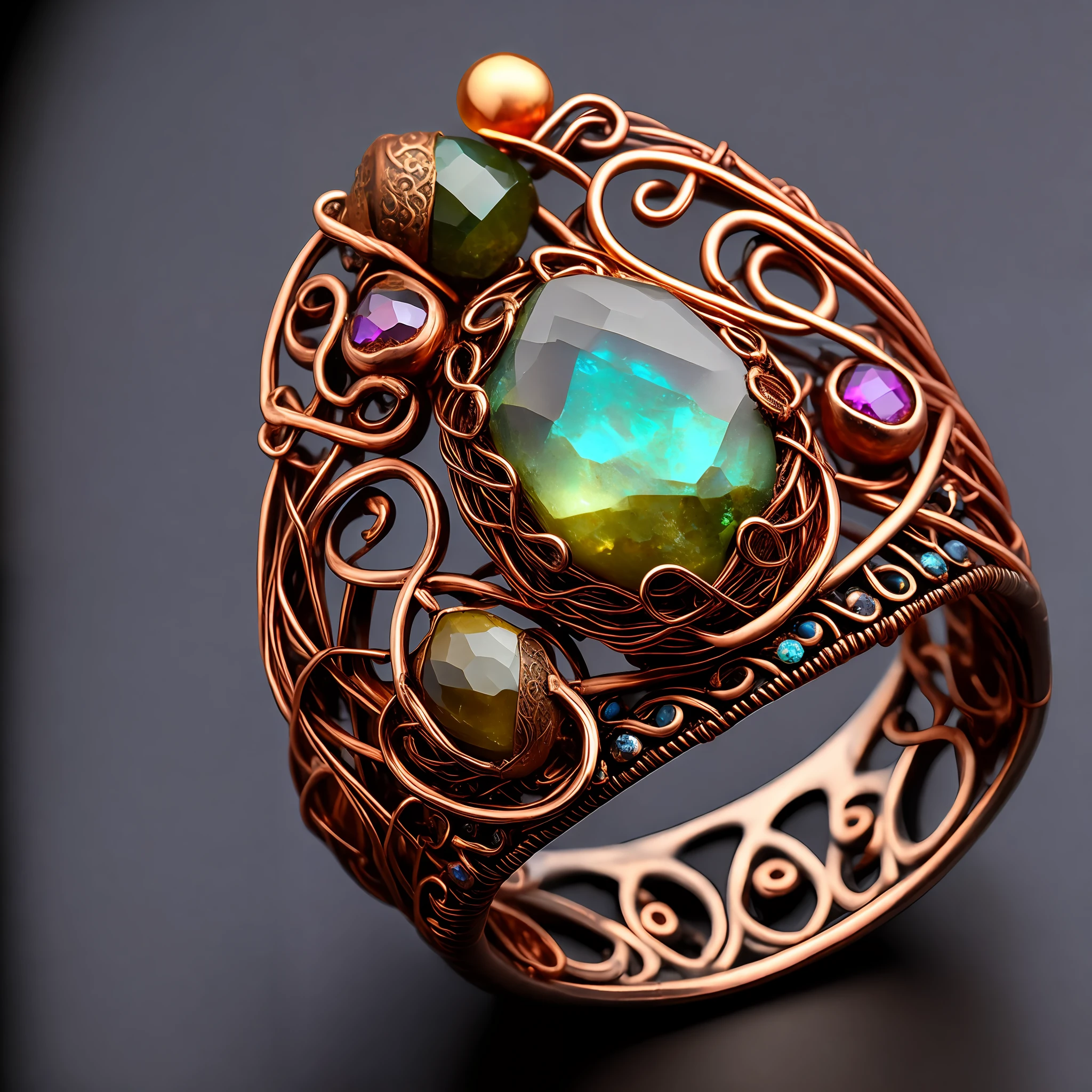 Finger ring, copper wire sealet wrapped with copper wire, complex shape with corners, wire jewelry design, large bright gemstone, beautiful large colored stones, forged copper elements, flat copper elements, intricate copper wire elements, natural design, combination of forged and twisted copper elements, complex jewelry with precious bright stones, with complex pattern,  steampunk elements, steampunk details, wire wrapping technique, creativity, complex jewelry design, like catalog photography, professional photography quality, professional lighting, on a black velvet background, interesting jewelry design, combination of braided elements with flat treacherous elements, large gemstone, top view, [top view], black velvet background
