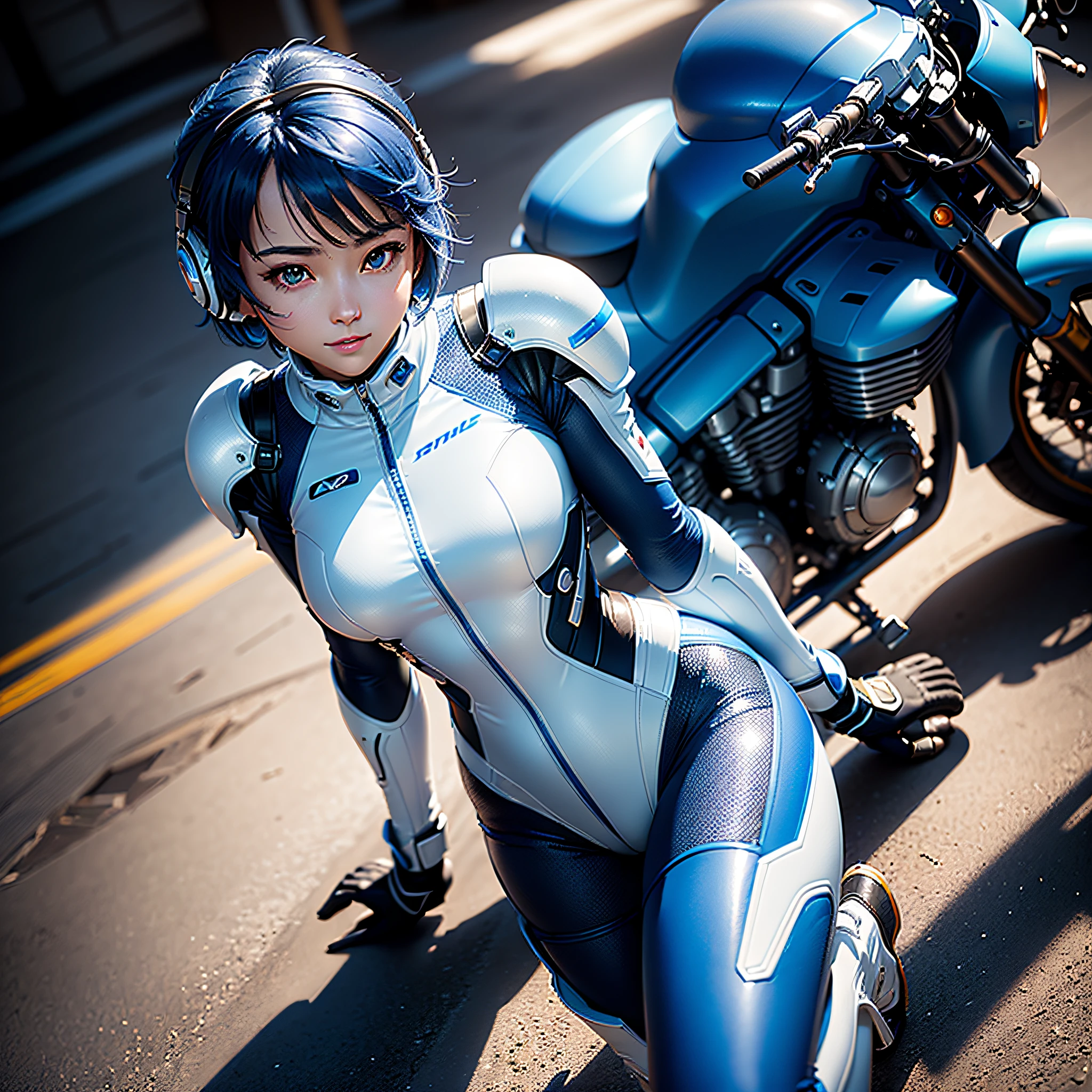 (masterpiece, highest quality, highest resolution, distinct_image, very elaborate CG, cinematic lighting, ray tracing, drop shadows, detailed detail, (photorealistic: 1.4), high quality textures, fine-grained, realistic face expression): (lone girl, face is Japan, short blue hair, small size breasts, sparkling eyes, Eye level shot, white and blue color flight suit, tight fit clothes, full body covering clothes, light smile, beauty, slim body, exoskeleton, heroine, headset, long boots, gloves, riding a motorcycle flying in the blue sky and leaning forward)