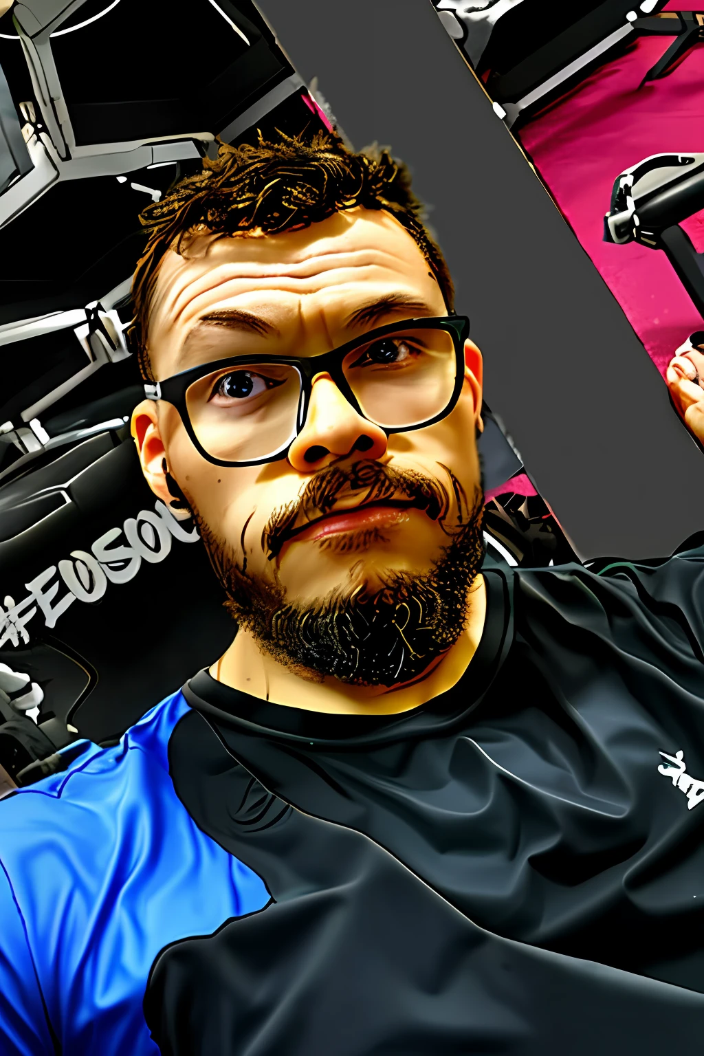 A man with glasses, gym, tired, sitting