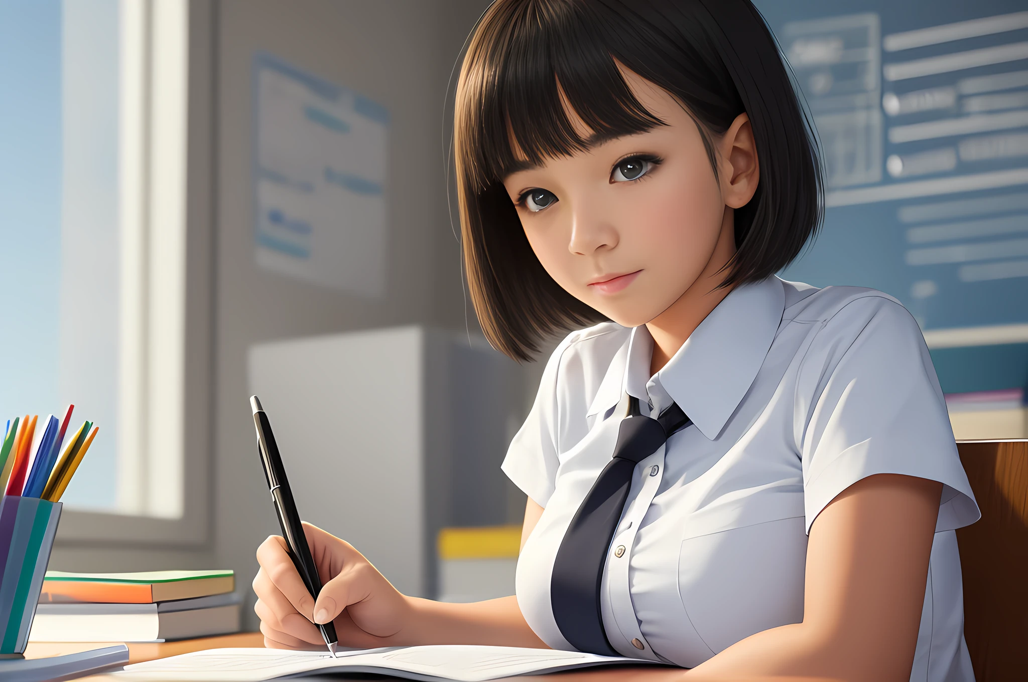 a female student at the office having class and studying for a pen to write, 1girl, solo, short hair, school uniform, pencil, black hair, large breast,