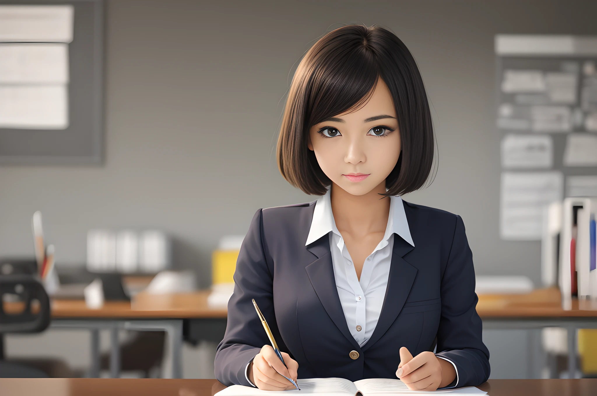 a female student at the office having class and studying for a pen to write, 1girl, solo, short hair, school uniform, pencil, black hair, large breast,