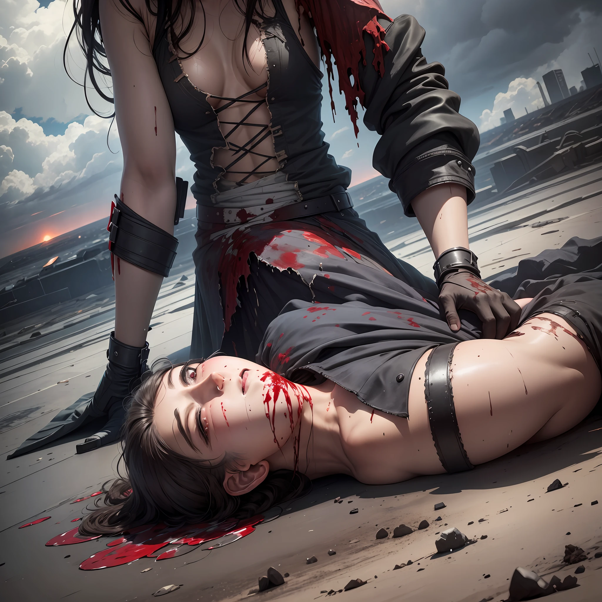 The sky is overwhelmed by dark clouds, the ground is sunken and pitted, the blood stains the earth, a woman with a broken arm and leg sits on the ground crying, and the woman holds a scarred man in her arms --auto --s2