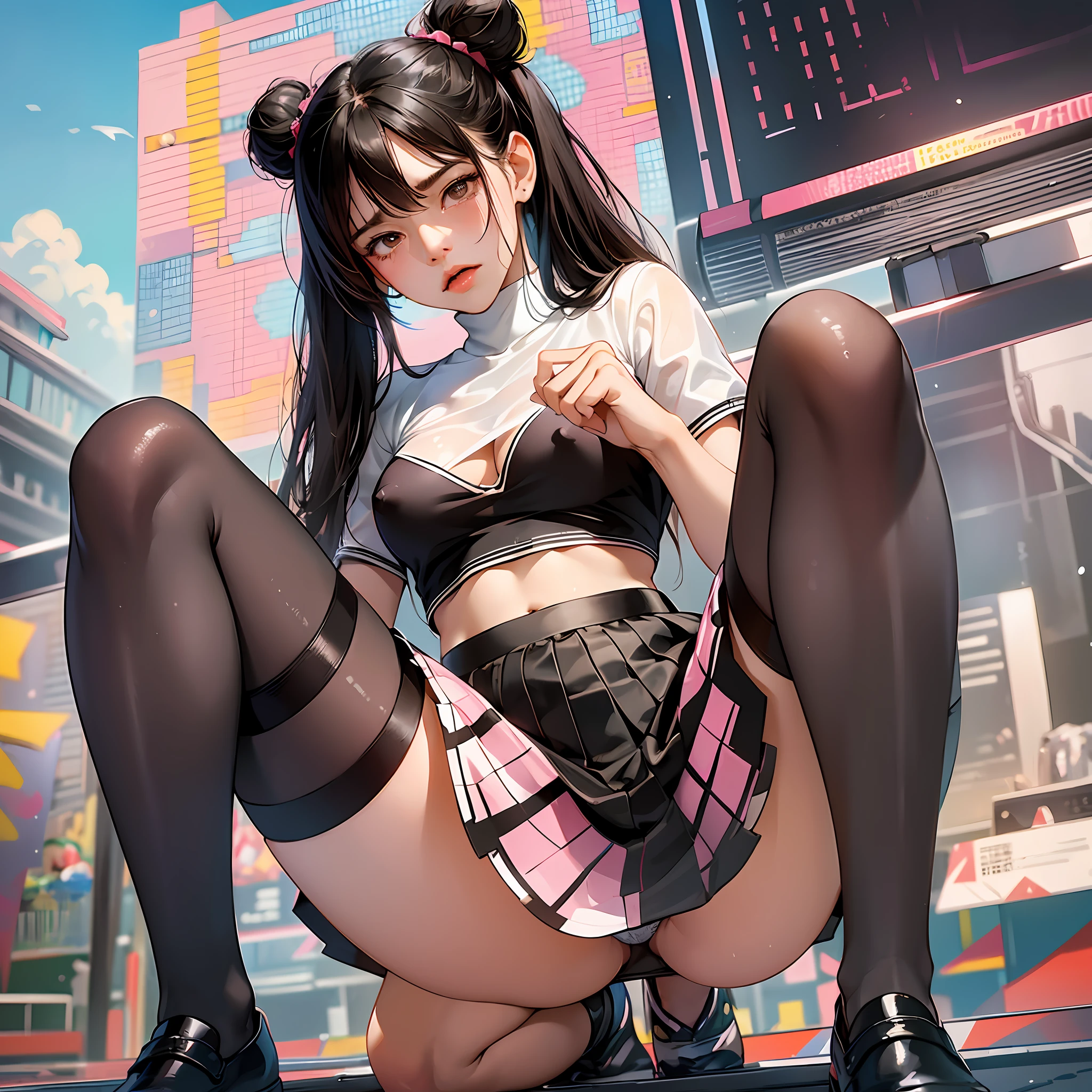 masterpiece, highest quality, high resolution, photo image, park, brown eyes, shiny black hair, dull bangs, twin tails, wet Y-shirt, sheer shirt, braless, pointed, sheer, pink, mini skirt, socks, cowboy shots, dress lift, striped buns to show off, very embarrassing, ecstasy face, blush, close one eye, troubled look, kneeling, stand on your knees, spread your legs, open your legs, squatting, skirt fluttering in the wind, from below, concentrating on the hips, twisting the skirt, lifting the skirt, sweating, crying,