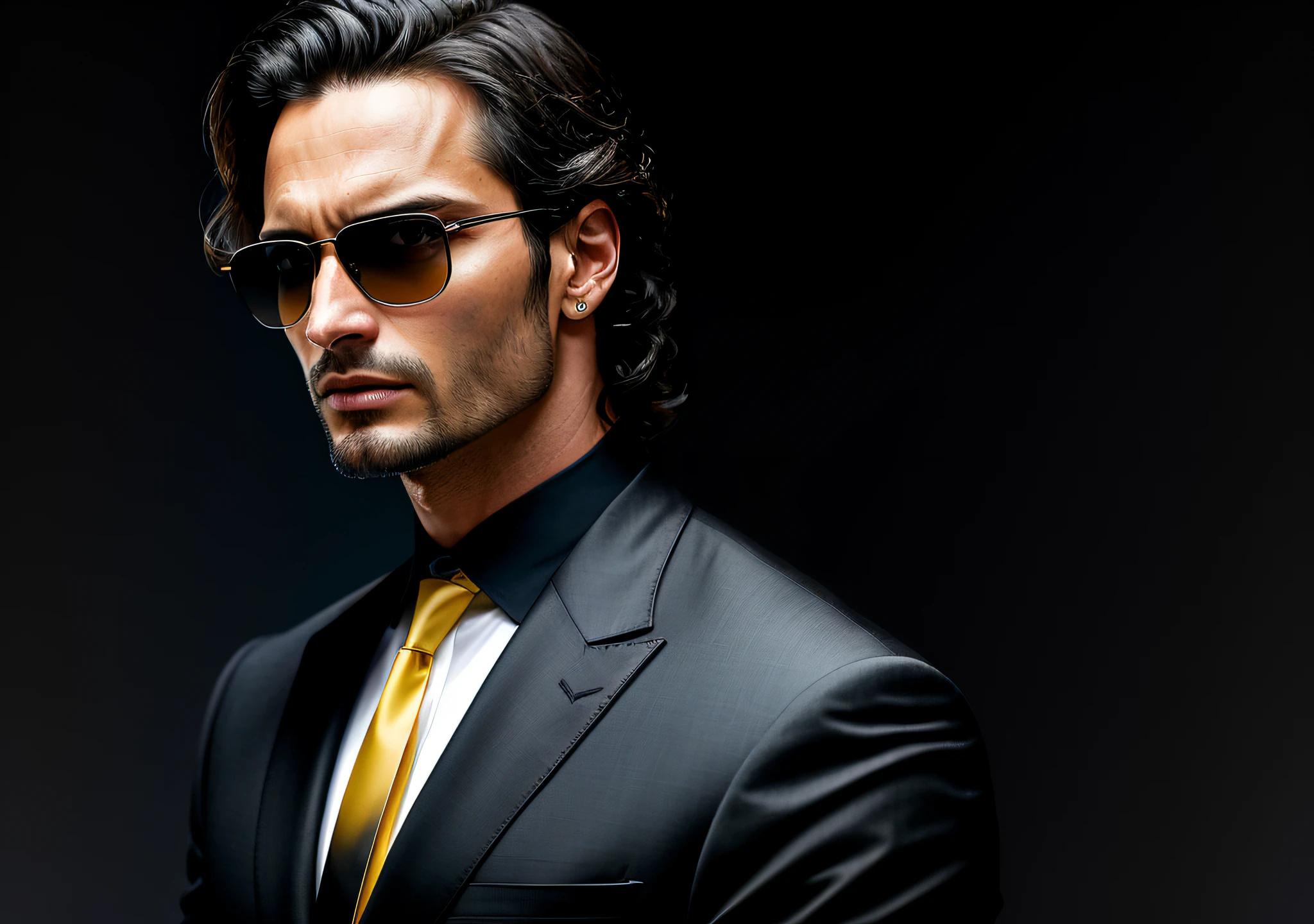 Rodrigo Santoro standing with his mouth sewn up, showing the entire body of designer suit, jewelry and tie dark photo: realistic epic, distant portrait, sunglasses, blue eyes, black hair, yellow gradient, black, brown and magenta color scheme, grunge aesthetic!!! War wall background, art and artgerm, soft cinematic light, adobe lightroom, photo lab, blurred background