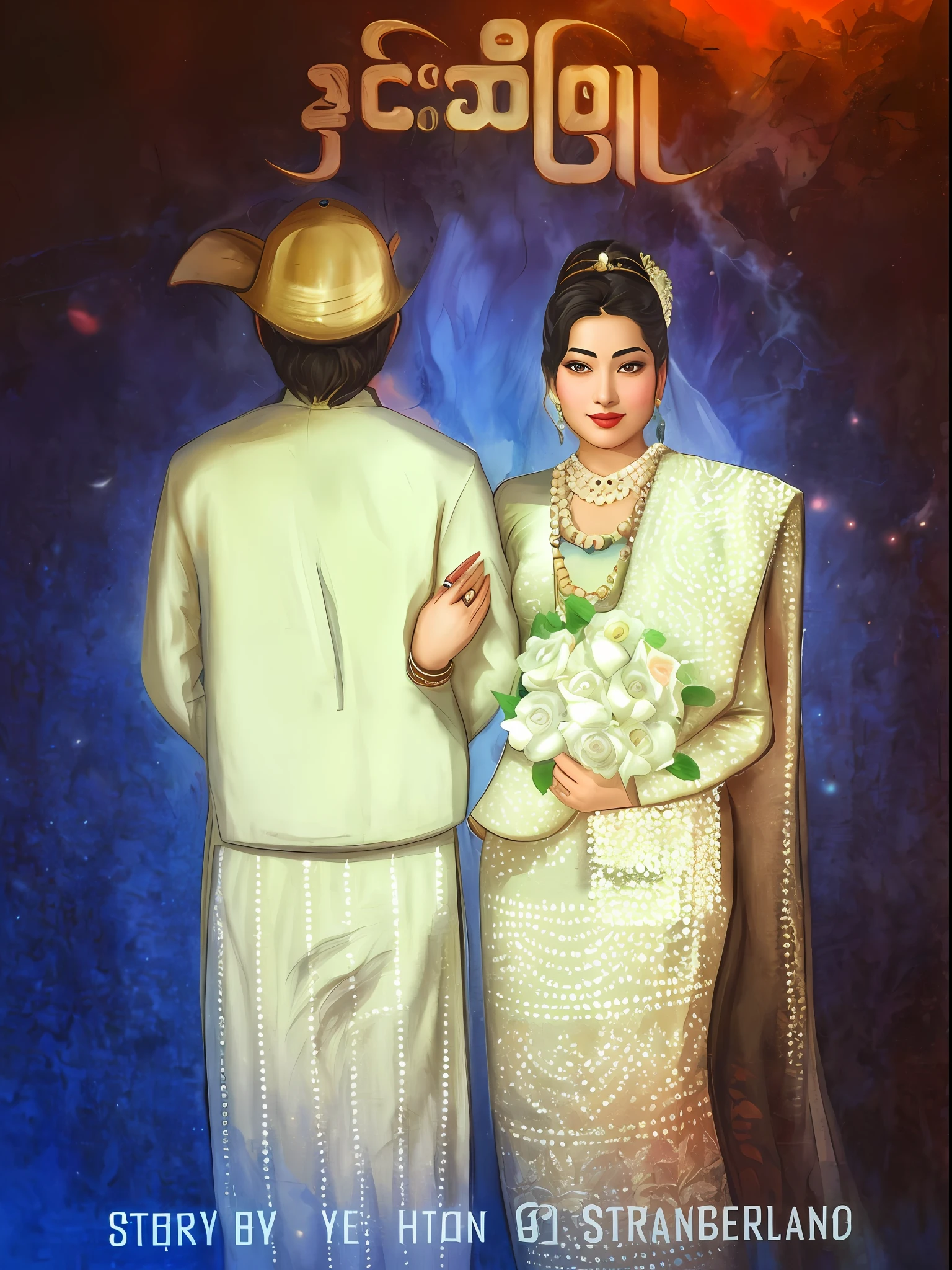 Hight quality painting of a man and glow woman in traditional attire standing next to each other, cover illustration, in style of lam manh, by Abidin Dino, inspired by Ruth Jên, official fanart, in style of digital illustration, inspired by Altoon Sultan, inspired by Abdur Rahman Chughtai, in style of old painting, novel cover