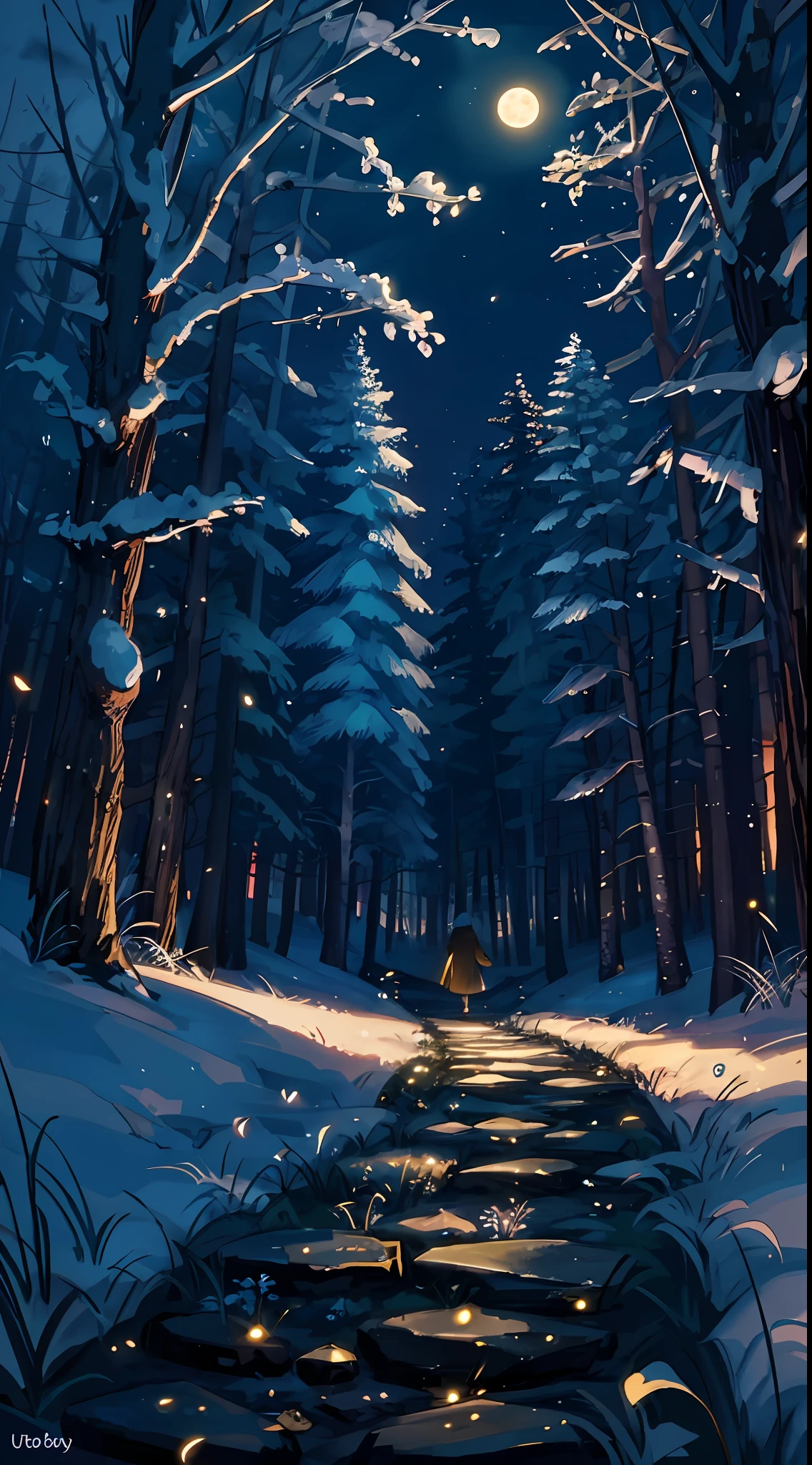 (best quality)), a person walking alone on the path, dark night, fireflies, vast starry sky, moon, in the woods, very long path, a lot of weeds, wildflowers, stones, moss, new sea city style, (best quality), 4k, ultra-detailed, (dynamic composition: 1.4), very detailed, colorful details, (iridescent colors: 1.2), (luminous lighting, atmospheric lighting), dreamy, magical, (solo: 1.2),