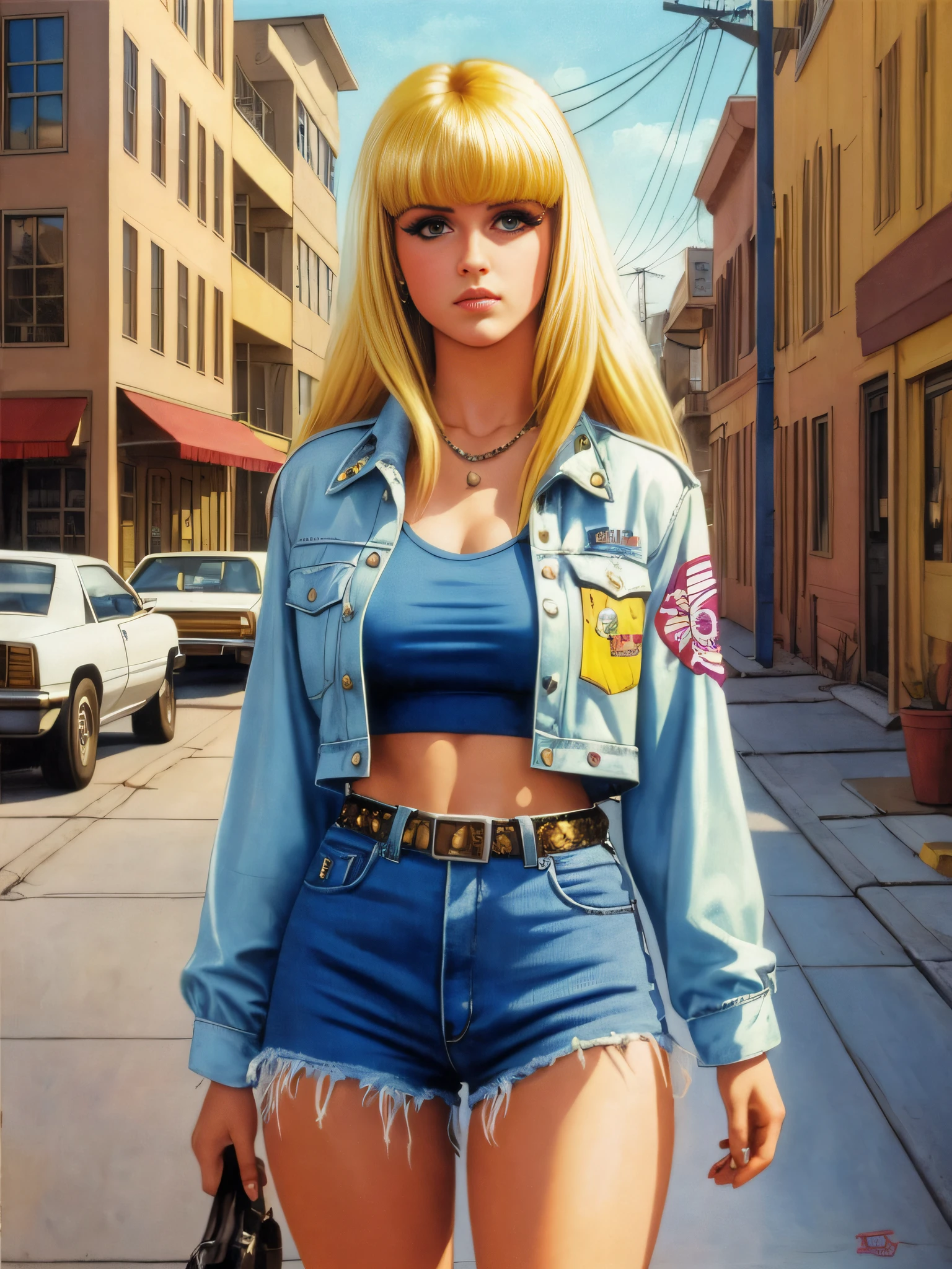 (vibrant, photorealistic, realistic) oil painting of a white punk girl with long blond hair and bangs,(80s neighborhood, retro) in the background. Inspired sitcom poster.