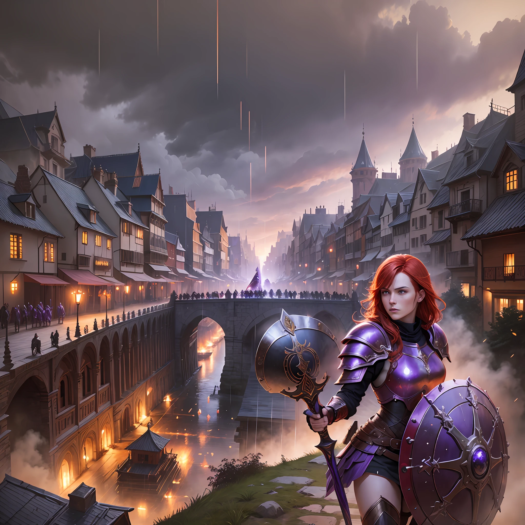 red hair, purple armor, light bearer warriors, medieval city, dark, battle, epic, war, surrealism, 8k, super detail, war, battle, darkness, rain, night, fight, torchs