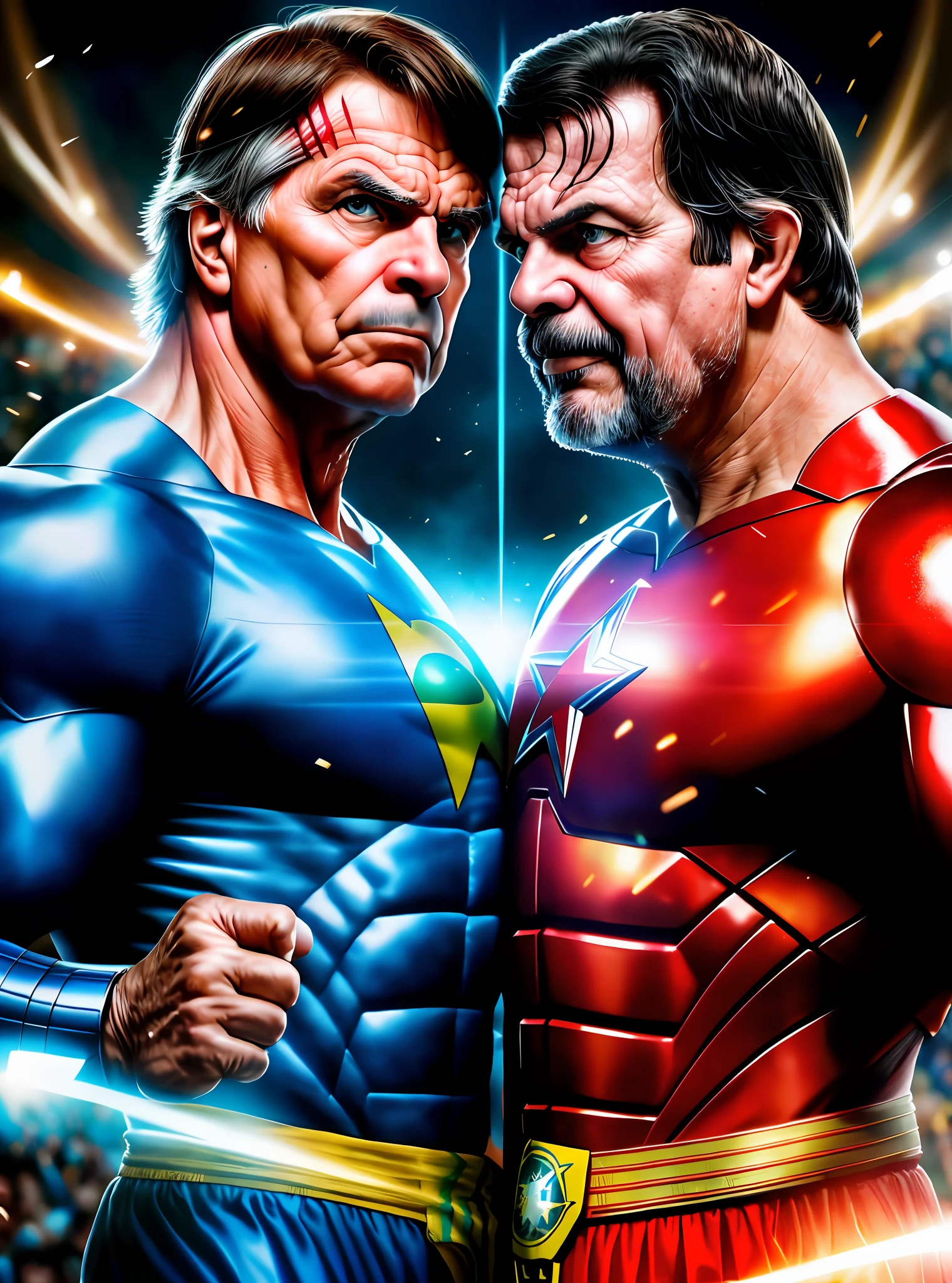Bolsonaro x Luis Inácio lula, president of Brazil, fight, Super heroes,8k, high definition, hyper-realistic, + cinematic plan + dynamic composition, incredibly detailed, sharpness, detail details + night with light + perfectionism + award-winning realism ((ambient lighting))