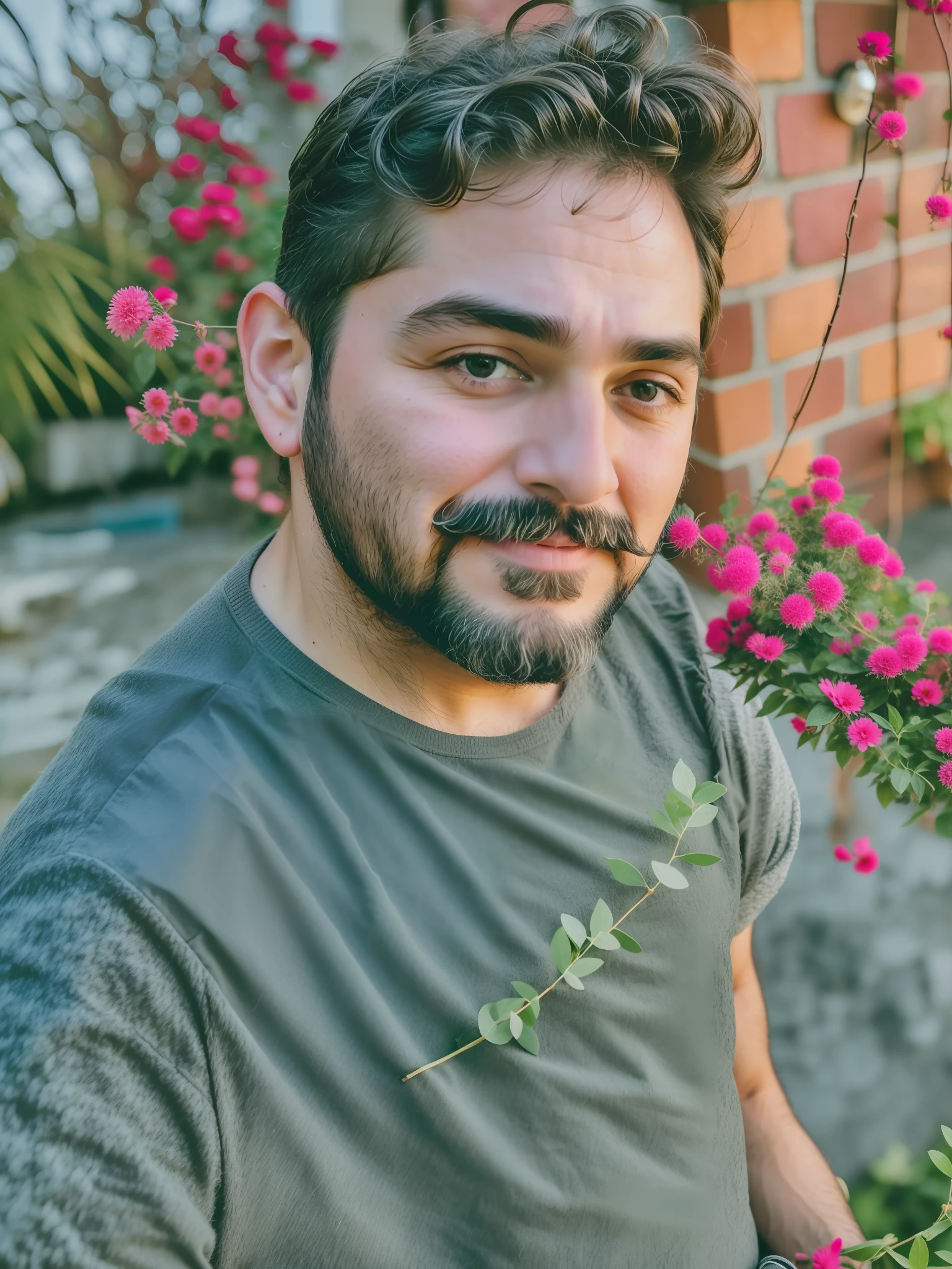 Man with beard and mustache holding a flower, 40-year-old man, light brunette man, (38 years old), 8k selfie photography