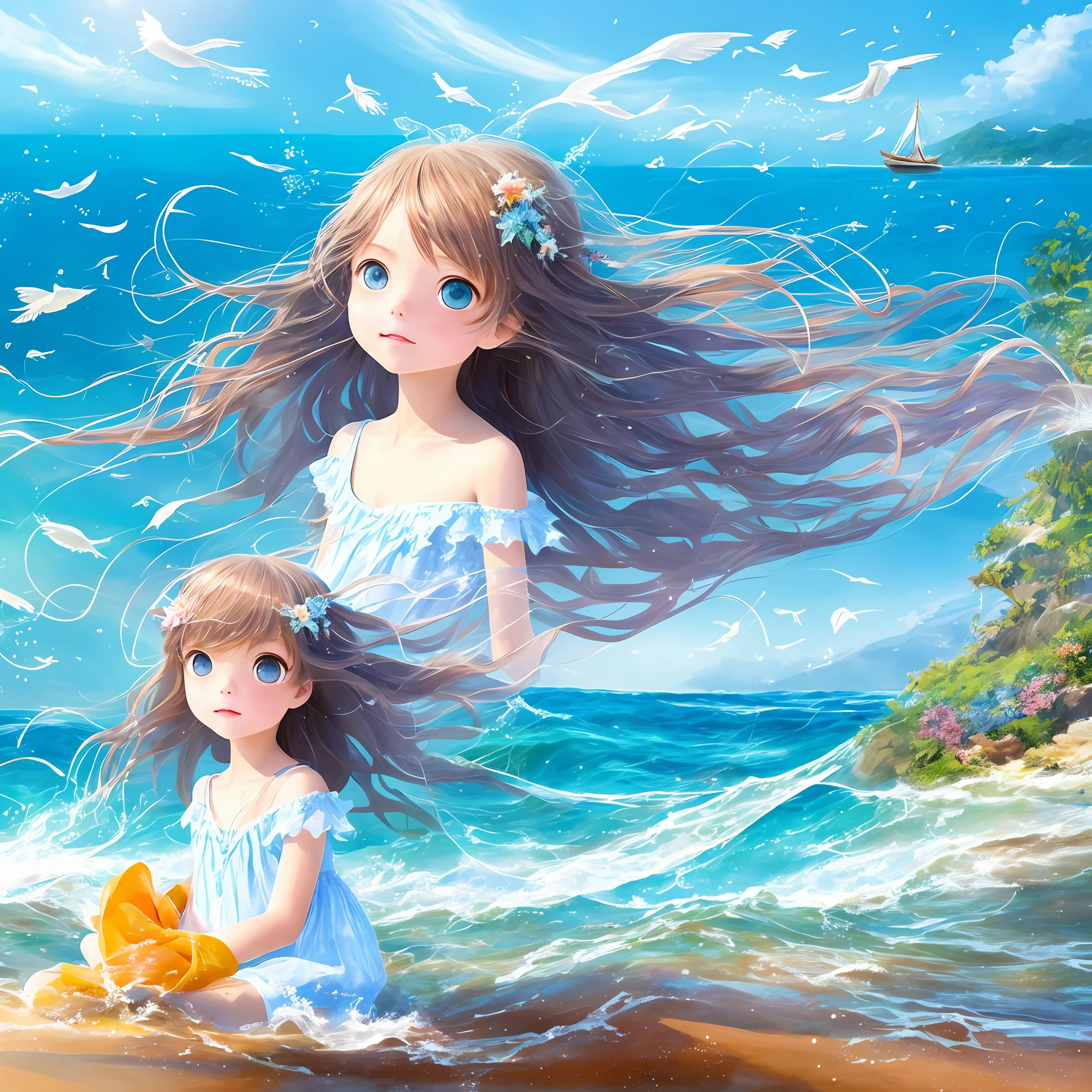 girl by the sea, CG pictures with extreme details, unparalleled clarity in picture quality, the most beautiful illustrations, dynamic angles and compositions, the protagonist is graceful, ethereal and moving, her face is delicate, her eyes are blue, her long hair is like smoke, the colorful beach scenery is particularly charming, the waves are fine splashing, the waves are constant, the sea is deep, within reach, and it is picturesque.