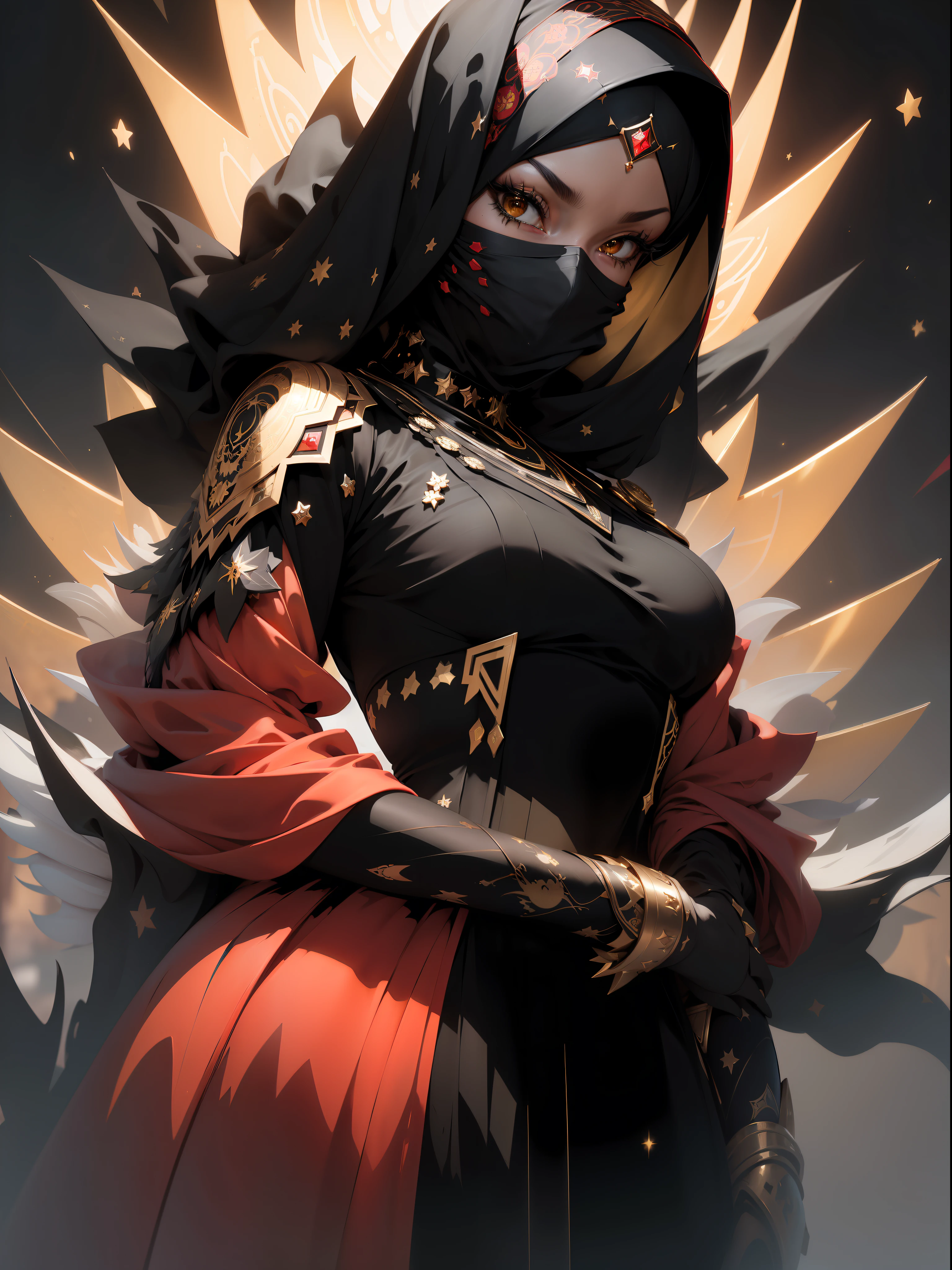 ((Best quality)), ((masterpiece)), (detailed: 1.4), (Absurd), angry princess, (((back))), (((action pose)), (((black Muslim woman wearing long red dress with gold and black ornaments face covered)))), (((burqa))), (((back))), ready for war, dark skinned, black middle eastern woman, sculptural body with defined muscles, closed mouth, muscular body covered by a Hoyoverse-style technological dress, Honkai Impact, Geishin Impast, technological veil covering the face, Veil covering the head, whole body covered by clothing, holding two scimitars, ((small breasts)), (eyes with heavy and very black makeup without pupils), ((red and gold clothing with small black details)), (((short black hair)), (Arabic inscriptions on the arms), ((drawings of golden stars on the arms)), very long eyelashes, heavy eye makeup, lots of jewelry, by mucha, niji --V5, close to real, psychopathic, crazy face, sexy pose, background with a giant Gundam style robot head, 2 piece clothing, diamond shoulder pads, pastel, centered, scale to fit dimensions, HDR (High Dynamic Range),Ray Tracing,NVIDIA RTX,Super-Resolution,Unreal 5,Subsurface dispersion, PBR texture, Post-processing, Anisotropic filtering, Depth of field, Maximum clarity and sharpness, Multilayer textures, Albedo and specular maps, Surface shading, Accurate simulation of light-material interaction, Perfect proportions, Octane Render, Two-tone lighting, Wide aperture, Low ISO, White balance, Rule of thirds, 8K RAW, crysisnanosuit
