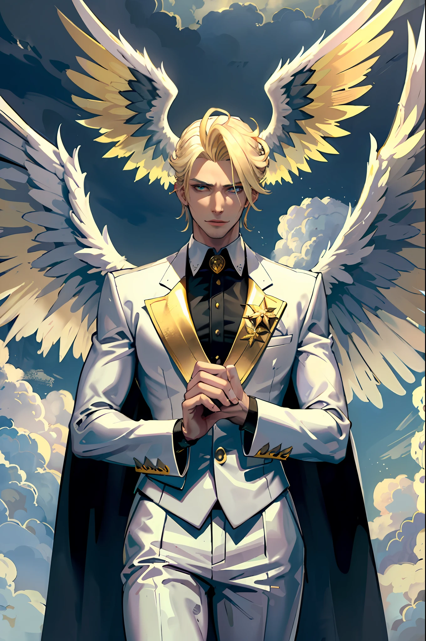 ((masterpiece, best quality)), 1guy, fallen angel Lucifer, very handsome, blonde and medium hair, thin, huge and beautiful wings on the back, in white clothes, evil expression, looking at the viewer, golden clouds in the background