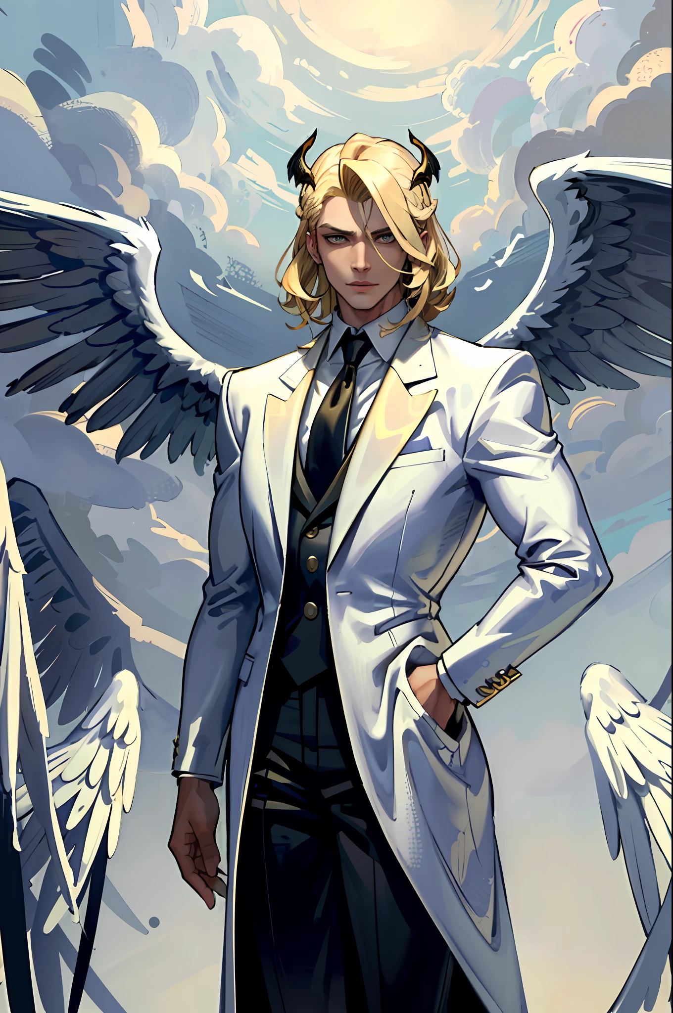 ((masterpiece, best quality)), 1guy, fallen angel Lucifer, very handsome, blonde and medium hair, thin, huge and beautiful wings on the back, in white clothes, evil expression, looking at the viewer, golden clouds in the background