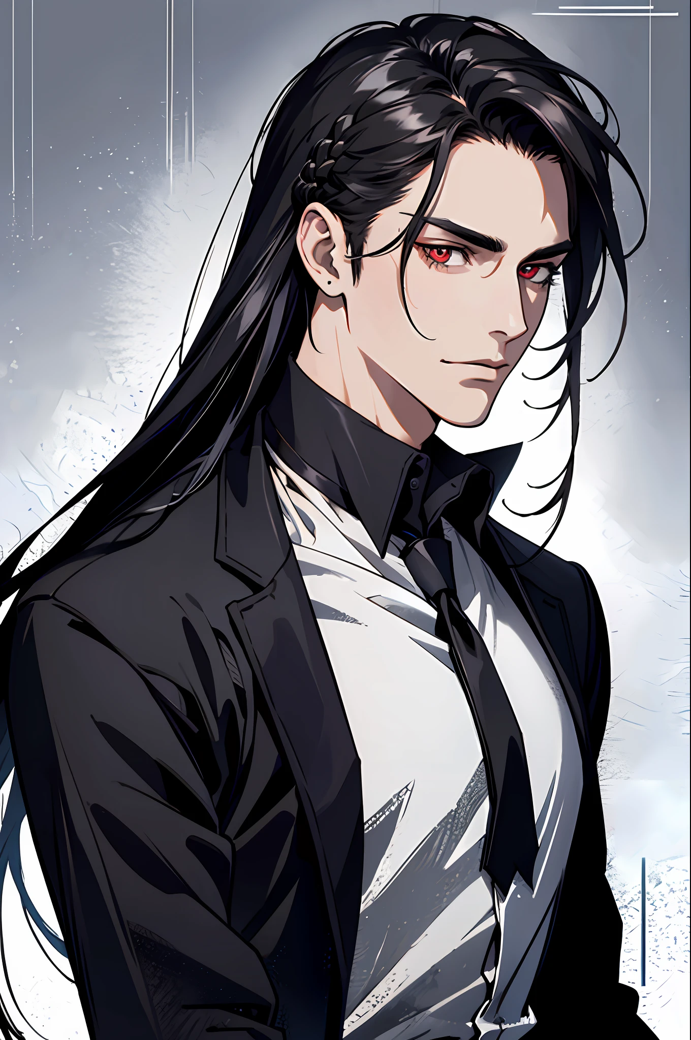 (MLS), medium large shoot, MLS, (absurd res, high res, ultra detailed), 1 male, adult, handsome, tall muscular guy, broad shoulders, very black long hair, braided hair, red eyes, finely detailed eyes, looking at viewer, solo, no background, detailed face, smirk, vampire, palid skin, dark clothes, shadows, fog, (dutch angle), ((portrait)), black shirt,