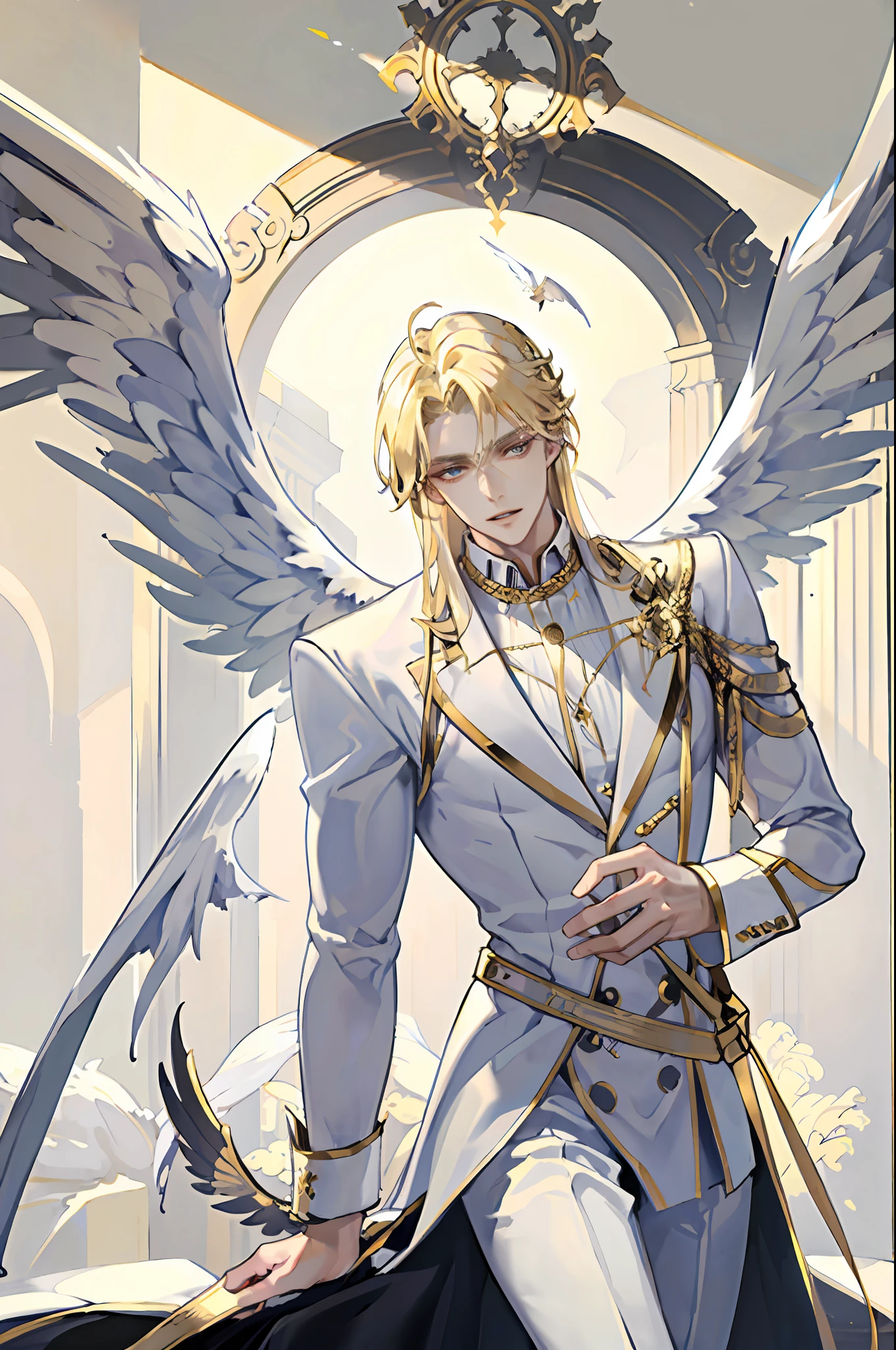 ((masterpiece, best quality)), 1guy, fallen angel Lucifer, very handsome, blonde and medium hair, thin, huge and beautiful wings on the back, in white clothes, evil expression, looking at the viewer, golden clouds in the background