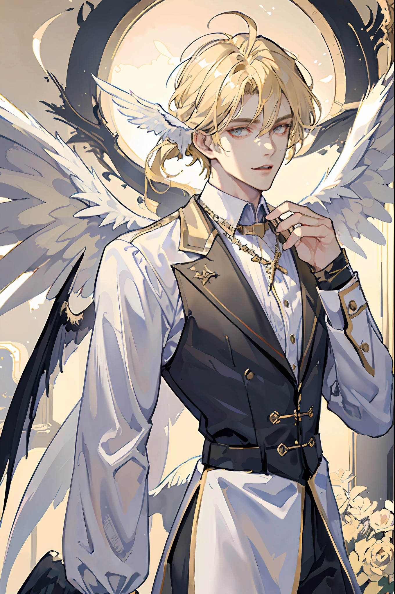 ((masterpiece, best quality)), 1guy, fallen angel Lucifer, very handsome, blonde and medium hair, thin, huge and beautiful wings on the back, in white clothes, evil expression, looking at the viewer, golden clouds in the background