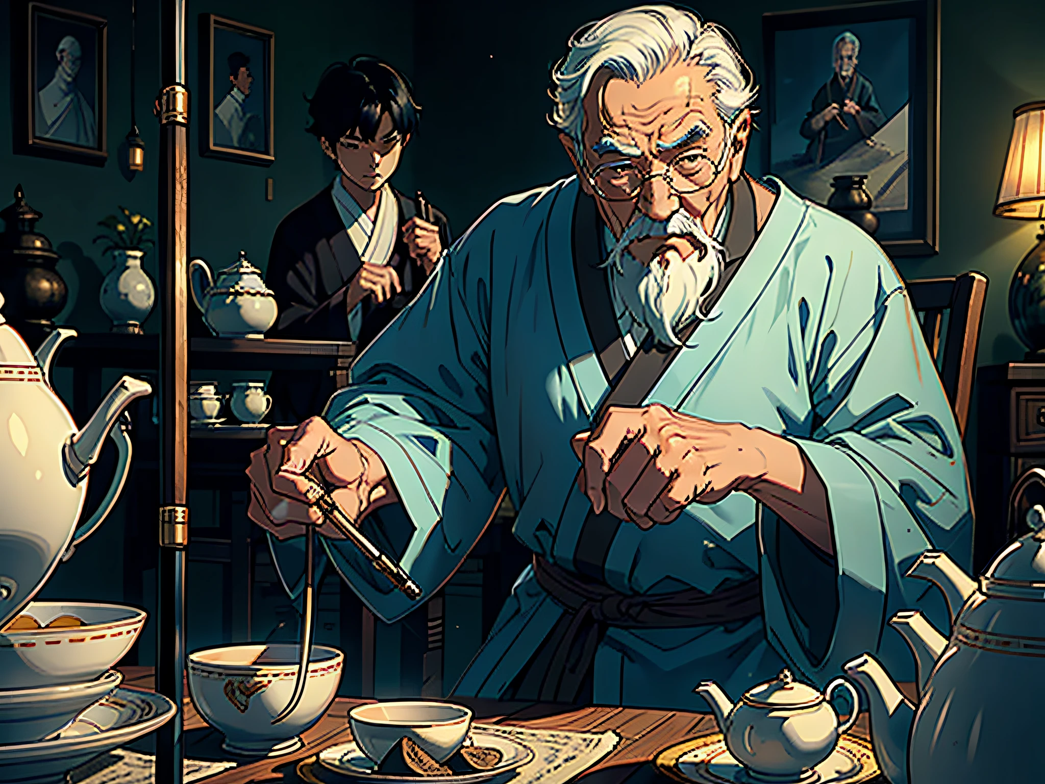 Camera lens: Close up
Background: A quaint living room with an old-fashioned teapot and several teacups on the table.
Characters wear: Grandpa wears an ancient Taoist robe and carries a crutch.
Character action: Grandpa looks at a handsome black-haired boy seriously, and the crutch in his hand gently taps the ground.
Detailed description: Grandpa's face is solemn, revealing his jealousy of the five immortals. He warned a handsome black-haired boy in a heavy tone that he was not allowed to touch the five immortals, but did not explain the reason in detail.