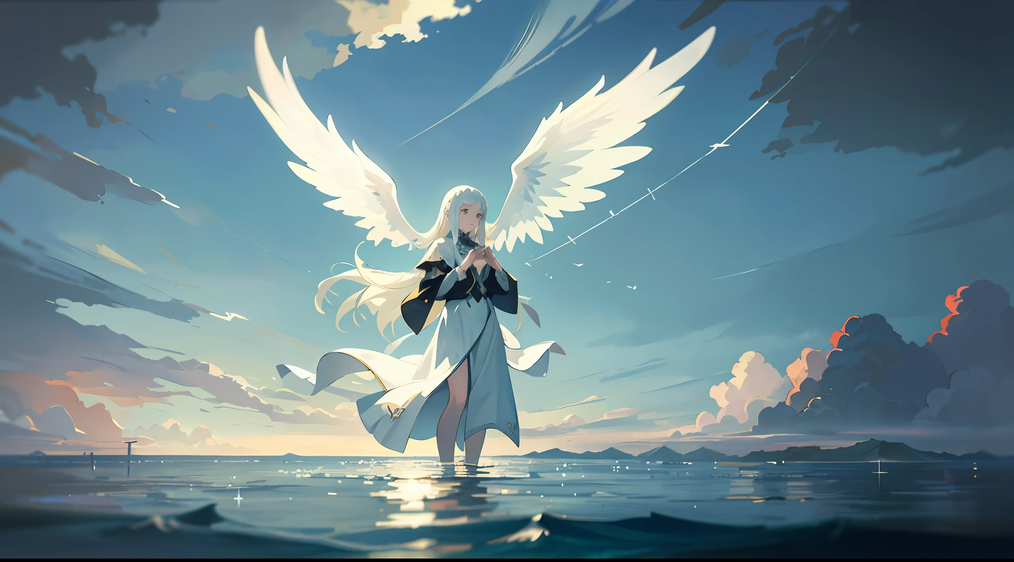 A woman with pure white wings standing in the water, praying devotely, with a vast sky and ethereal clouds against the background, a cross inlaid in the water, in the style of animation art, using matte painting and Gothic art, to outline depth and mystery.