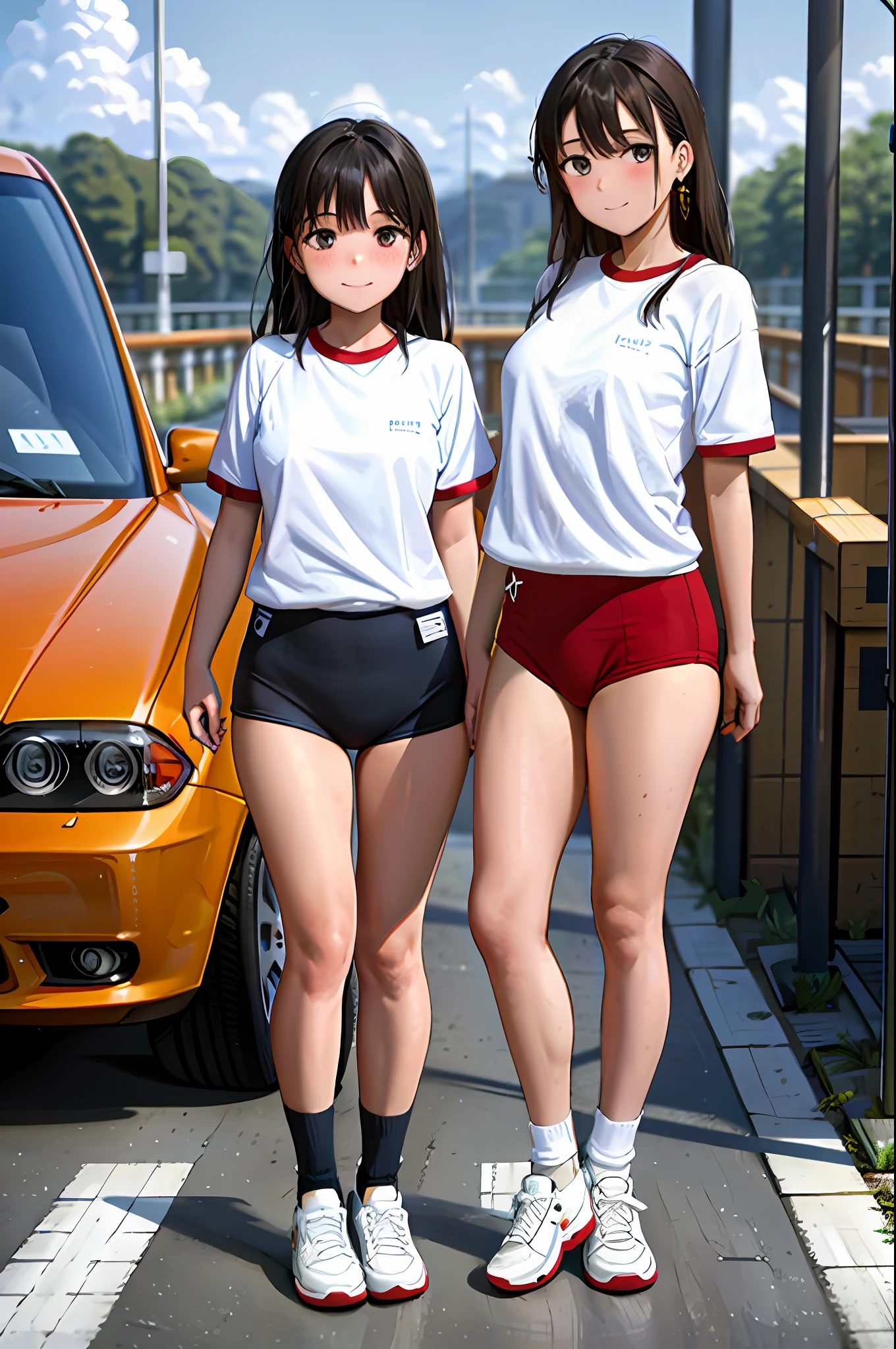 (Masterpiece: 1.2), best quality, illustrations, pretty girls, two schoolgirls, (dark blue bloomers: 1.1) and (white gym clothes: 1.2), turn buttocks, smile, black eyes, medium breasts, (black hair: 1.0), plump thighs, white sneakers, black high socks, (sky: 1.0), lily, car, road,