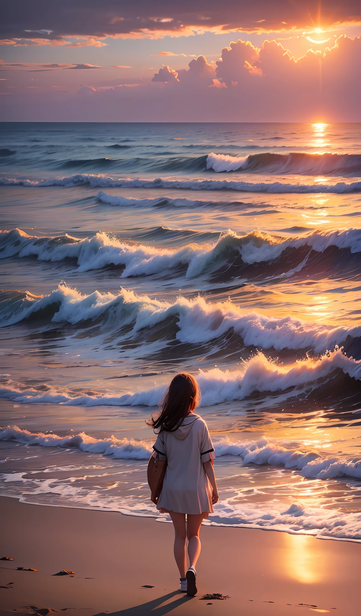 A girl with a melancholy look on the beach, sunset --auto --s2
