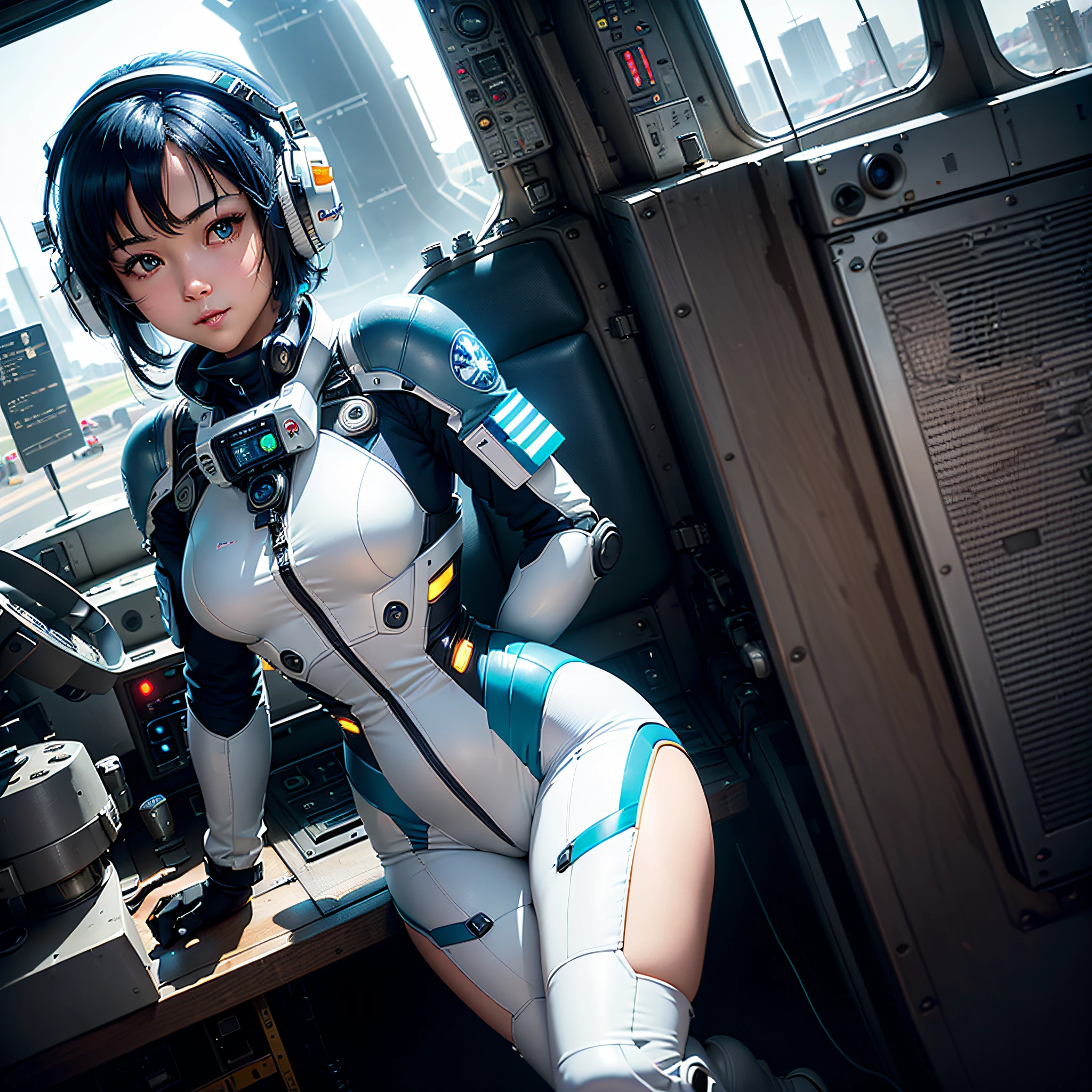 (masterpiece, highest quality, highest resolution, distinct_image, very elaborate CG, cinematic lighting, ray tracing, drop shadows, detailed detail, (photorealistic: 1.4), high quality textures, fine-grained, realistic face expression): (lone girl, face is Japan, short blue hair, small size breasts, sparkling eyes, Eye level shots, white and blue color flight suits, tight fit clothes, full-body covering clothes, light smile, beauty, slim body, exoskeleton, heroine, headset, long boots, gloves, riding and piloting a robot leaning forward, control panel, tools, safety devices, radar displays, touch panels, various indicators, cockpit, levers, computer keyboard, Warning light, fuel gauge, pressure gauge, control tower outside the window, robot cockpit, large lever, foot access pedal, brake pedal, thick manual)