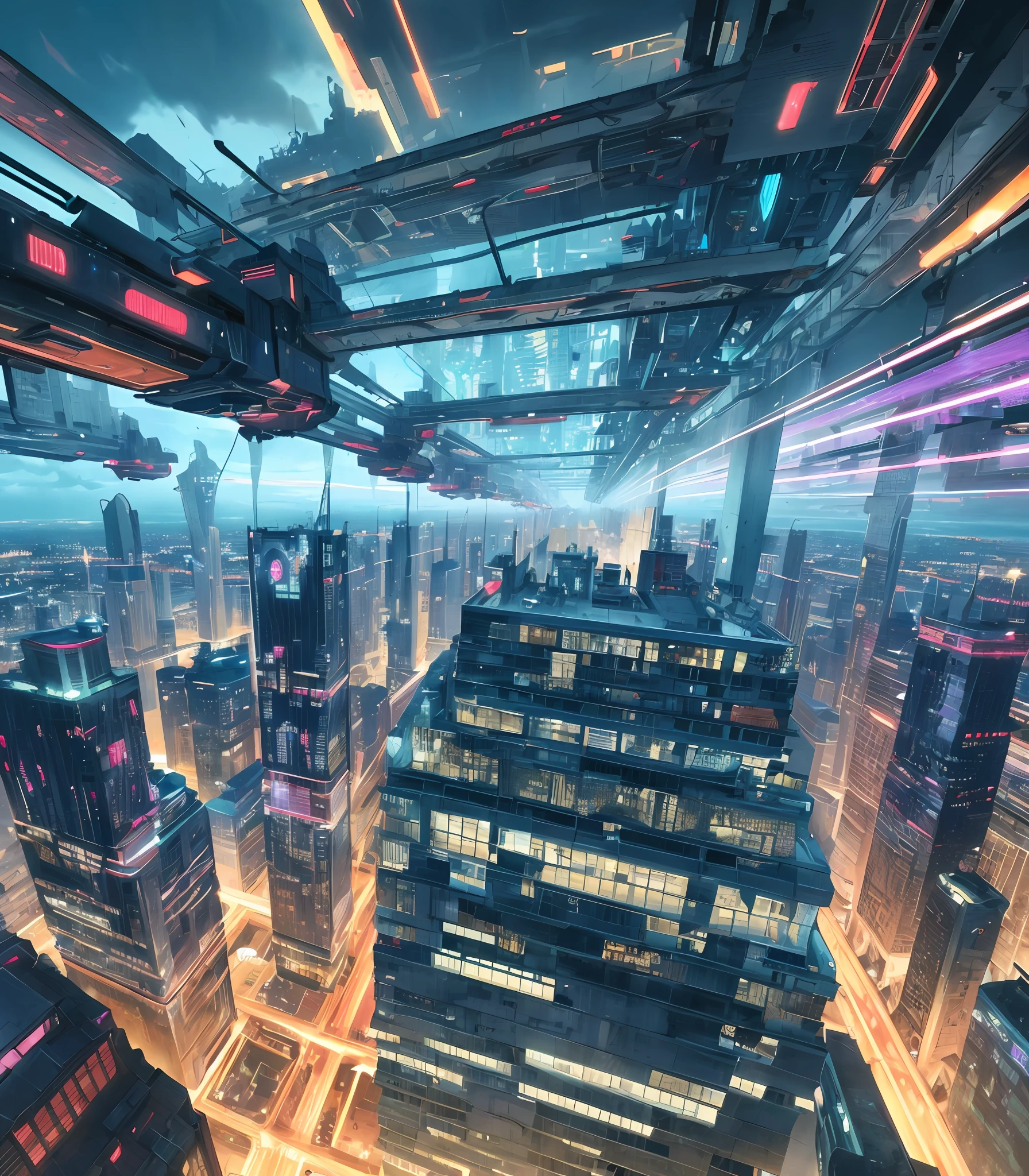 Future cityscapes, ((Cyborg)), (irregular architecture), machines, (cyberpunk), (hovering trains), drones, realistic lighting, masterpieces (abyss), high quality 8k, beautiful graphics, high detail, (futuristic city), (smart), (humanized), (digital), (diverse) city, (impending flying saucers and spaceships in the sky)), vision (wide-angle lens), ultra-high resolution (realism: 1.4), ultra-high quality, extremely detailed CG Unity 8k wallpapers, aesthetics, photography Award-winning 8K, realism, high detail, ultra-realistic detail enhancement, blur removal, complexities, travel art. Visually stunning. Beautiful Future City, Beautiful City, Chinese Dream Land, Pexels, Blue Hour Photography, Chinese Dreamland, Spectacular Clouds, Fantasy Clouds, The title should be attractive, bold, stylized font, and the tagline is " Neverland ".