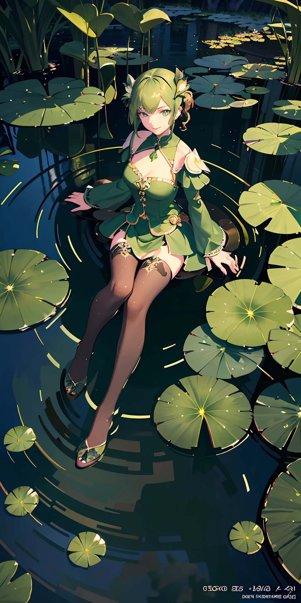 delicate and beautiful CG artwork),(best quality, ultra-detailed, high resolution),(dynamic angle, dynamic lighting),(1 character),(short black and green hair), blue eyes, beautiful face), frog, 1 girl, (long sideburns, plants, smile, black and green clothes, 3 d, frog girl, water lilies, lily pads, lake, pond