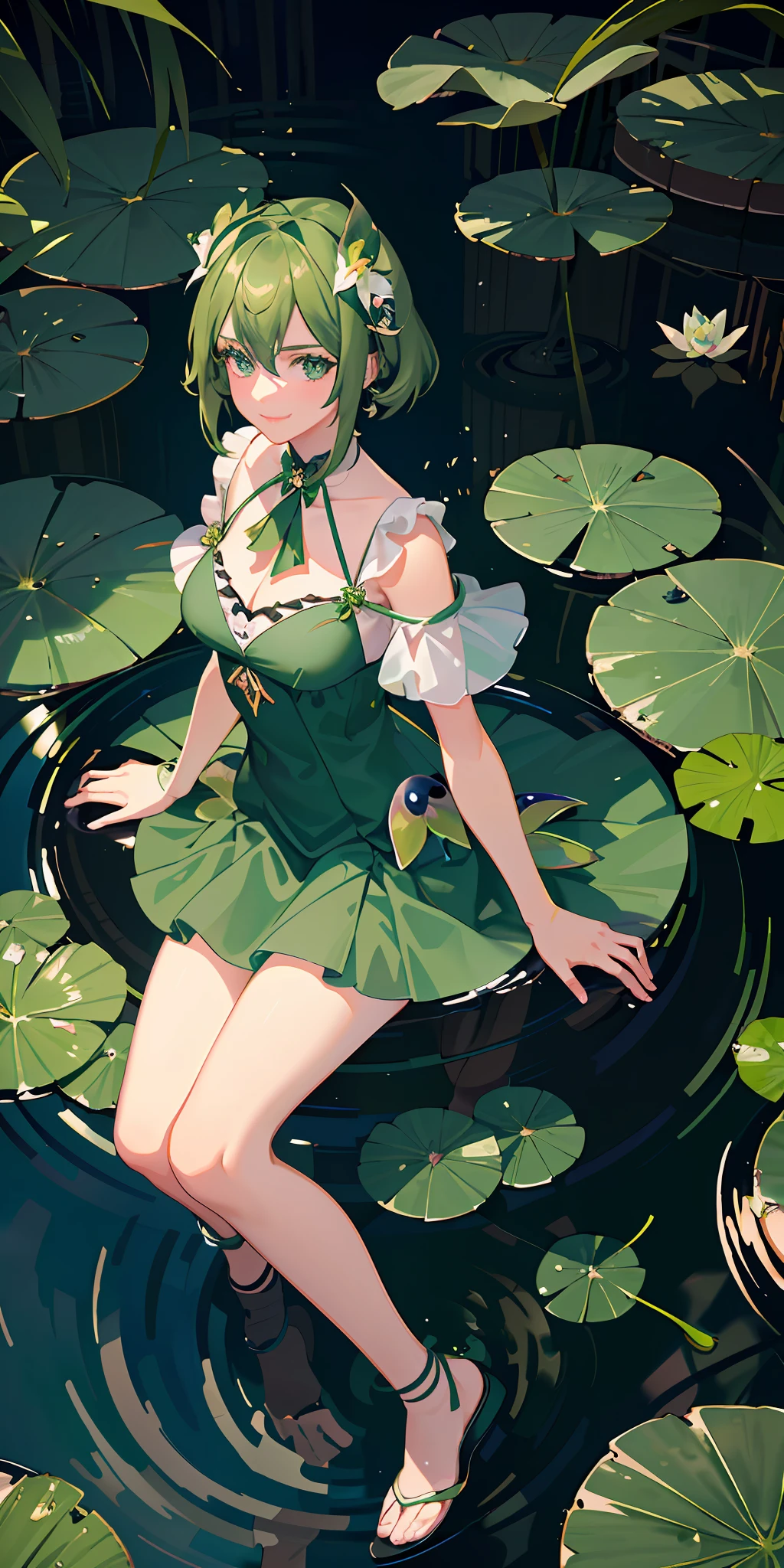 delicate and beautiful CG artwork),(best quality, ultra-detailed, high resolution),(dynamic angle, dynamic lighting),(1 character),(short black and green hair), blue eyes, beautiful face), frog, 1 girl, (long sideburns, plants, smile, black and green clothes, 3 d, frog girl, water lilies, lily pads, lake, pond