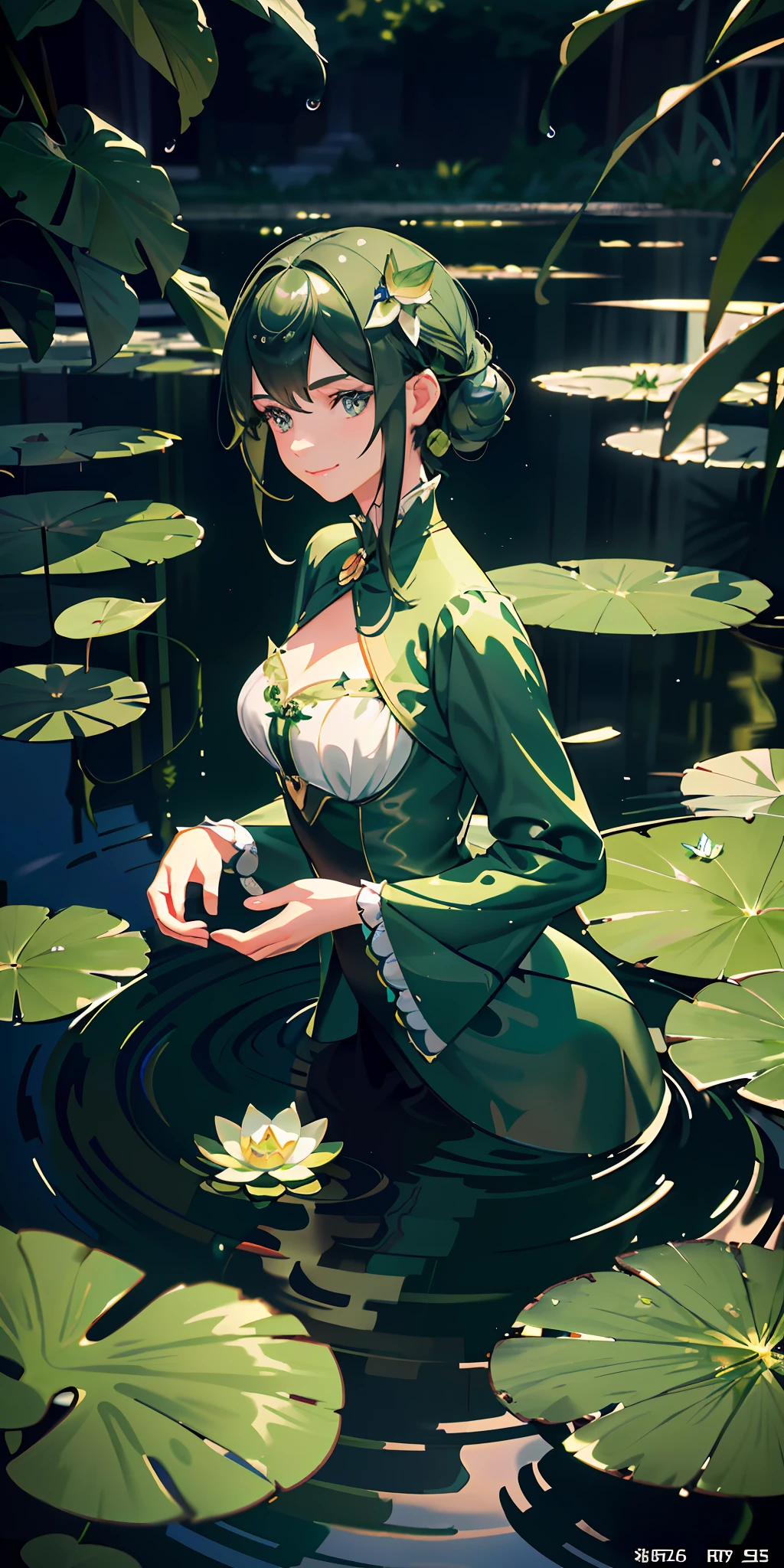 delicate and beautiful CG artwork),(best quality, ultra-detailed, high resolution),(dynamic angle, dynamic lighting),(1 character),(short black and green hair), blue eyes, beautiful face), frog, 1 girl, (long sideburns, plants, smile, black and green clothes, 3 d, frog girl, water lilies, lily pads, lake, pond