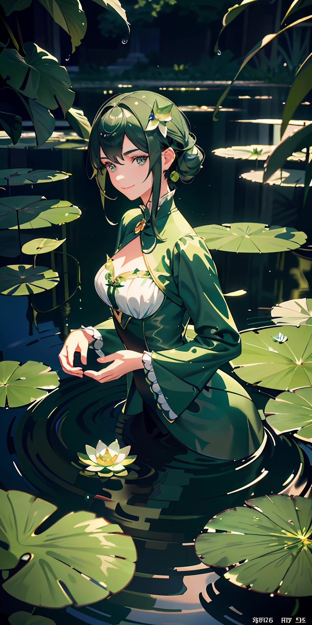 delicate and beautiful CG artwork),(best quality, ultra-detailed, high resolution),(dynamic angle, dynamic lighting),(1 character),(short black and green hair), blue eyes, beautiful face), frog, 1 girl, (long sideburns, plants, smile, black and green clothes, 3 d, frog girl, water lilies, lily pads, lake, pond