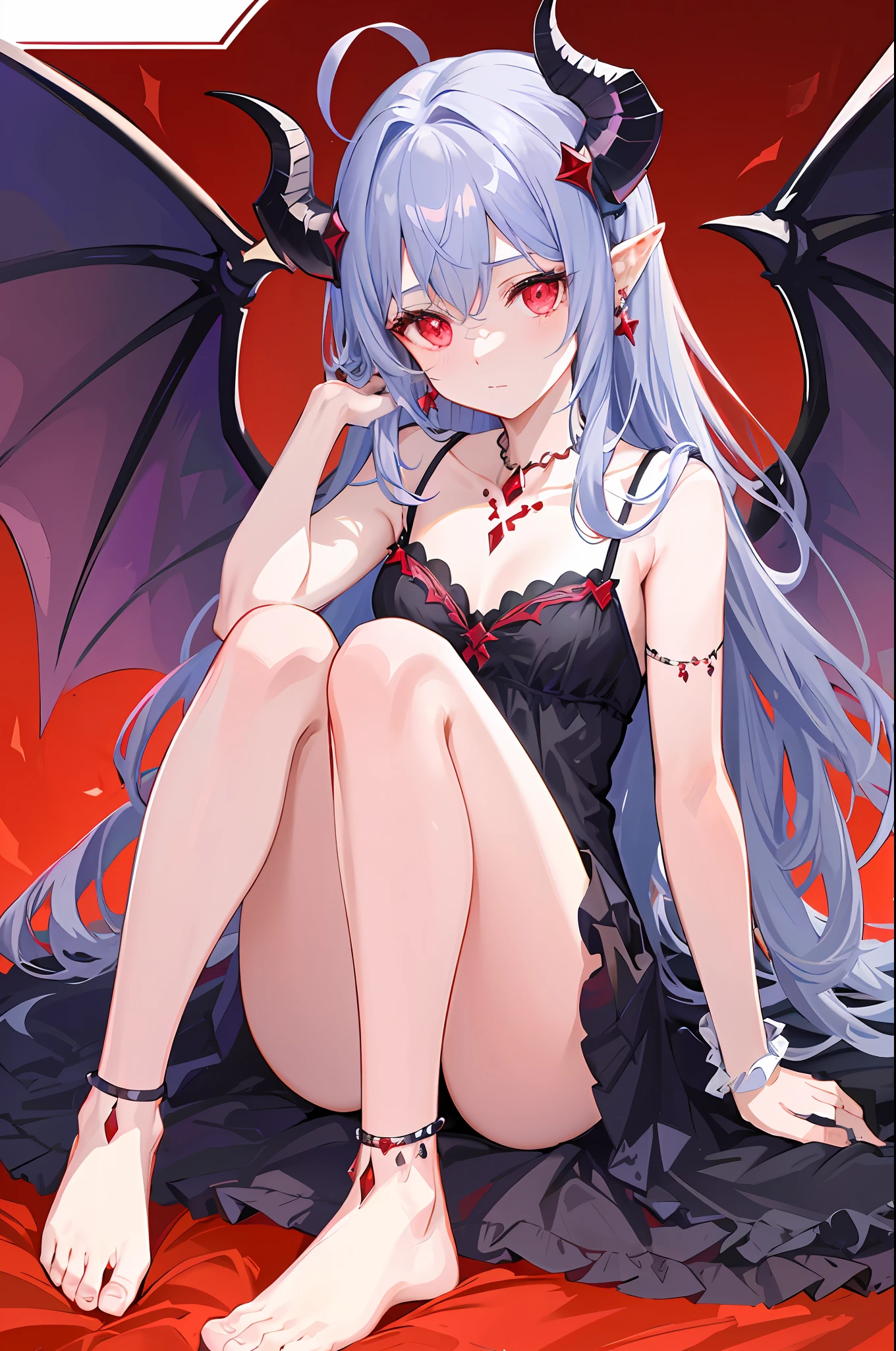 Ultra-high image quality, perfect for the devilish girl, wearing gorgeous magic horns, delicate rosy and delicate hard candy-like dress, charming dress as thin as cicada wings, gemstones on the top of the head, bead chains on hands and feet, and rubies shining around the throat.