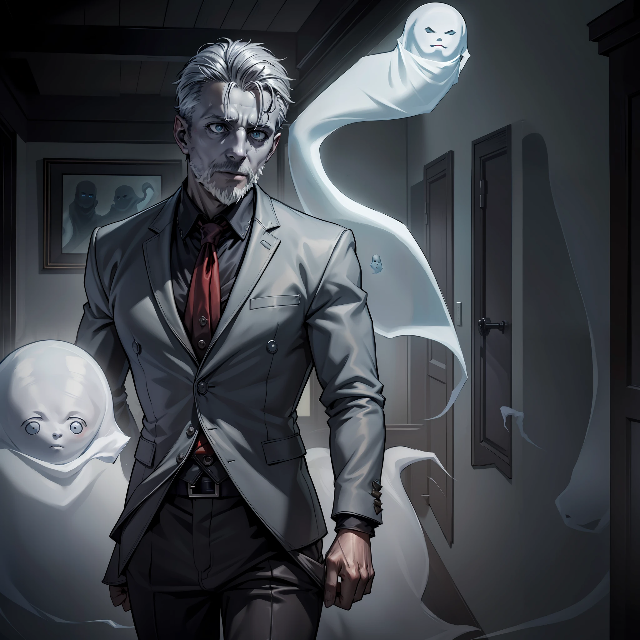 (extremely detailed 8k wallpaper), dark theme, Vampire the Masquerade, modern horror, 2020s, ((((((middle-aged ghost man)))))))), (((spectral body)))), wearing blue dress shirt, swimming teacher, sharp focus, (subsurface scattering:1.1), award-winning photography, centered face, half-body photo:1.1, short red hair, green eyes:1.2, serious expression, inside haunted room, dramatic lighting