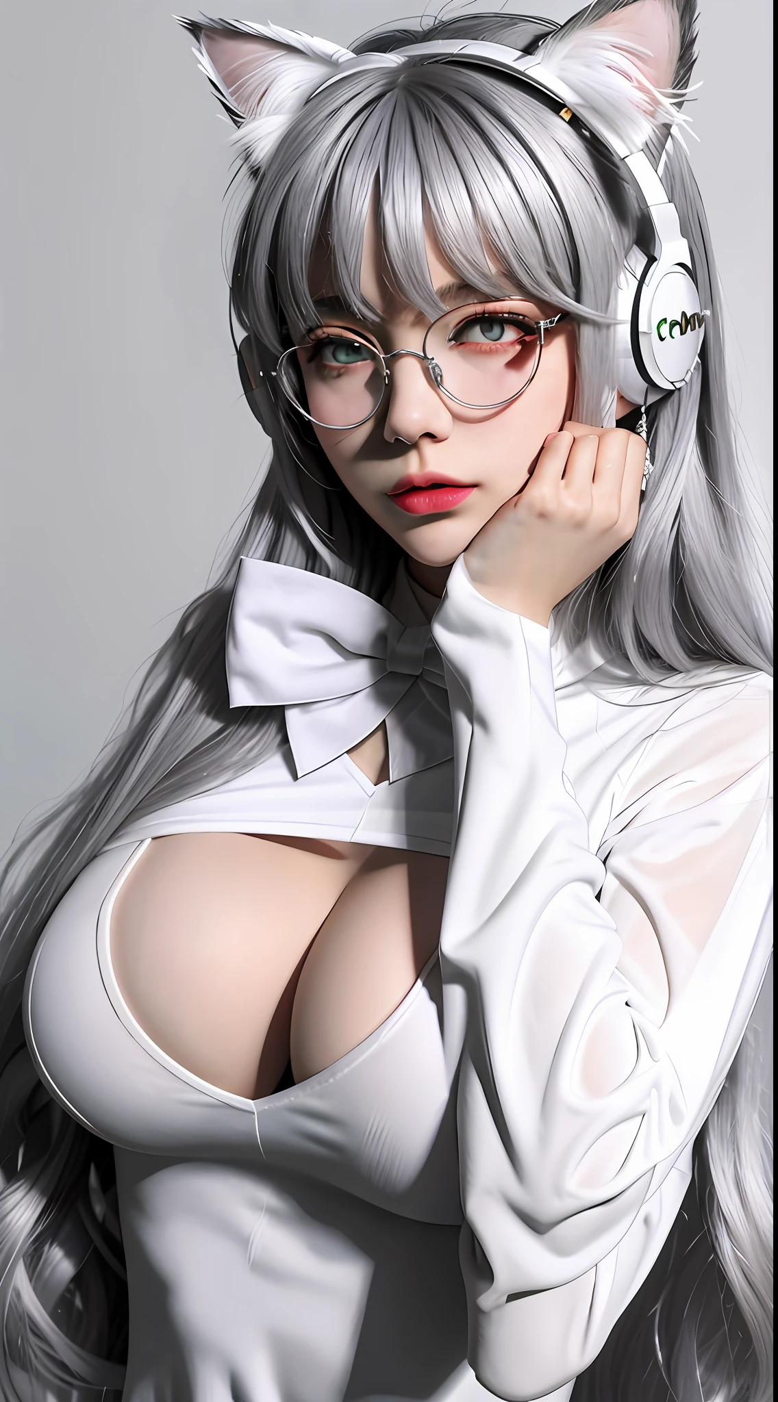 cat girl, glasses, silver hair, white bodysuit, bangs, clothing cutout, wrist cuffs, heart-shaped-pupils, huge breasts, headphones, white bow
