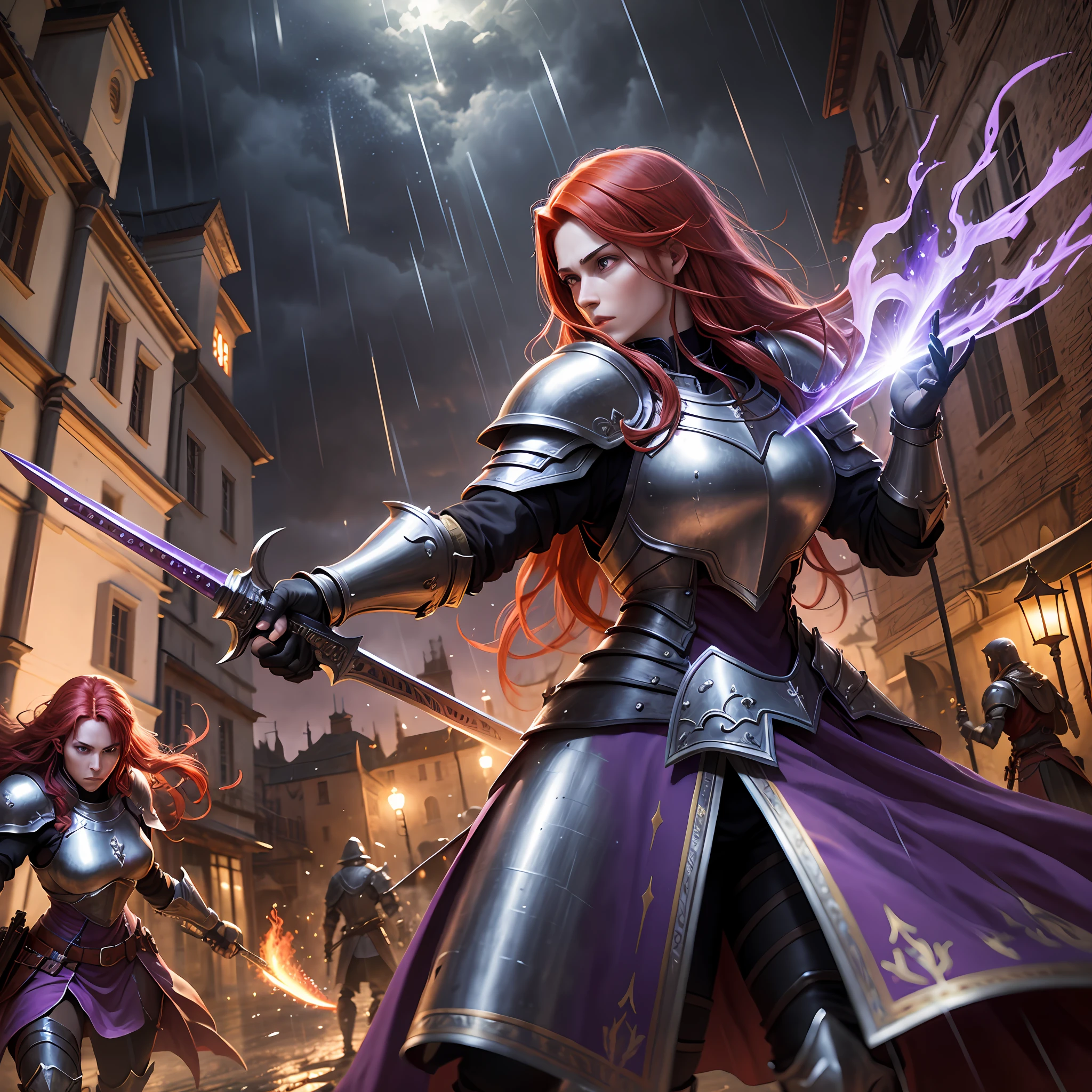 red hair, purple armor, light bearer warriors, medieval city, dark, battle, epic, war, surrealism, 8k, super detail, war, battle, darkness, rain, night, fight, torchs, war, conflict