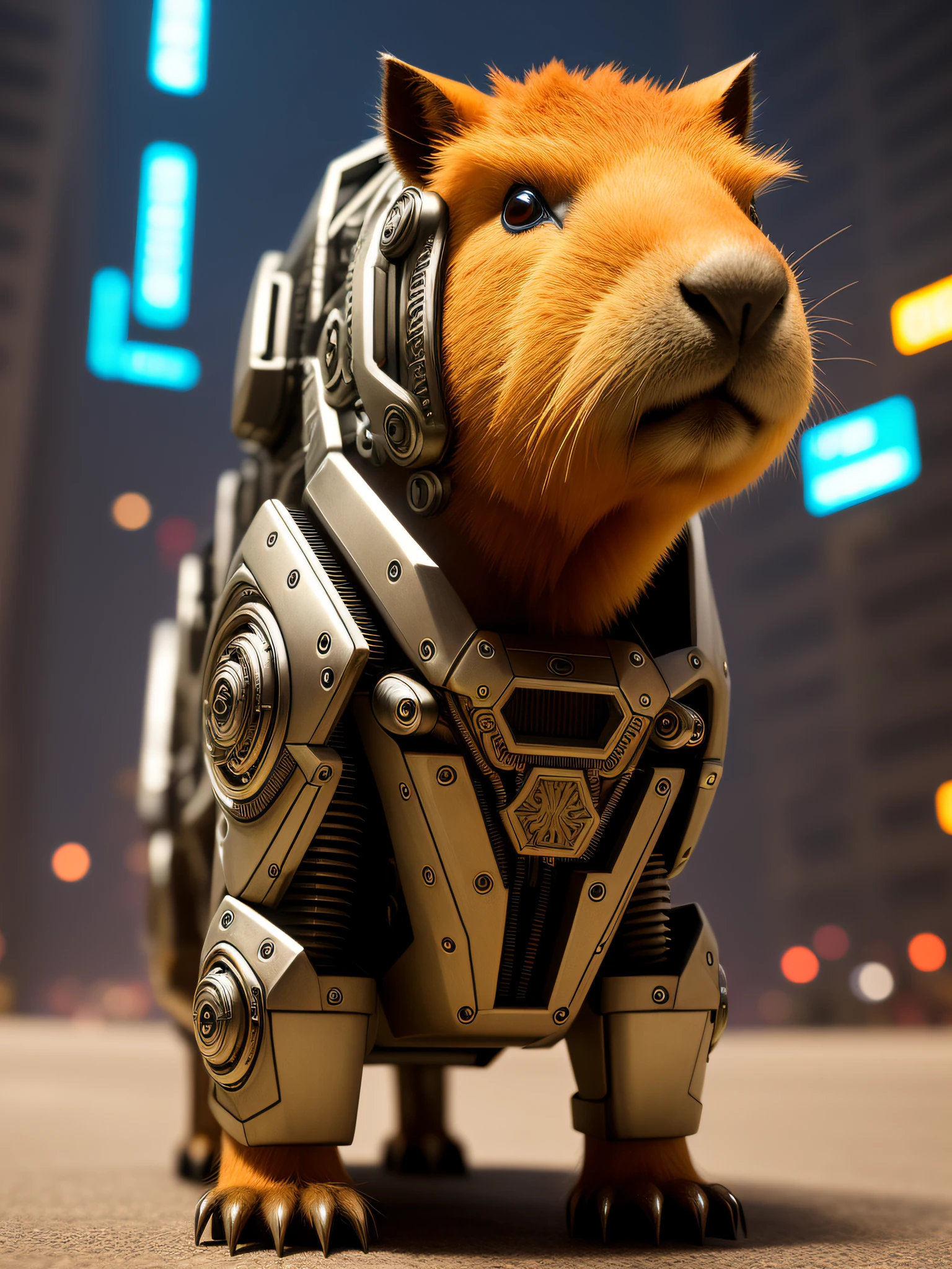 one cute capybara made of metal, cyborg, cyberpunk style, ((intricate details)), hdr, ((intricate detail, hyper-detail)), cinematic shot, vignette