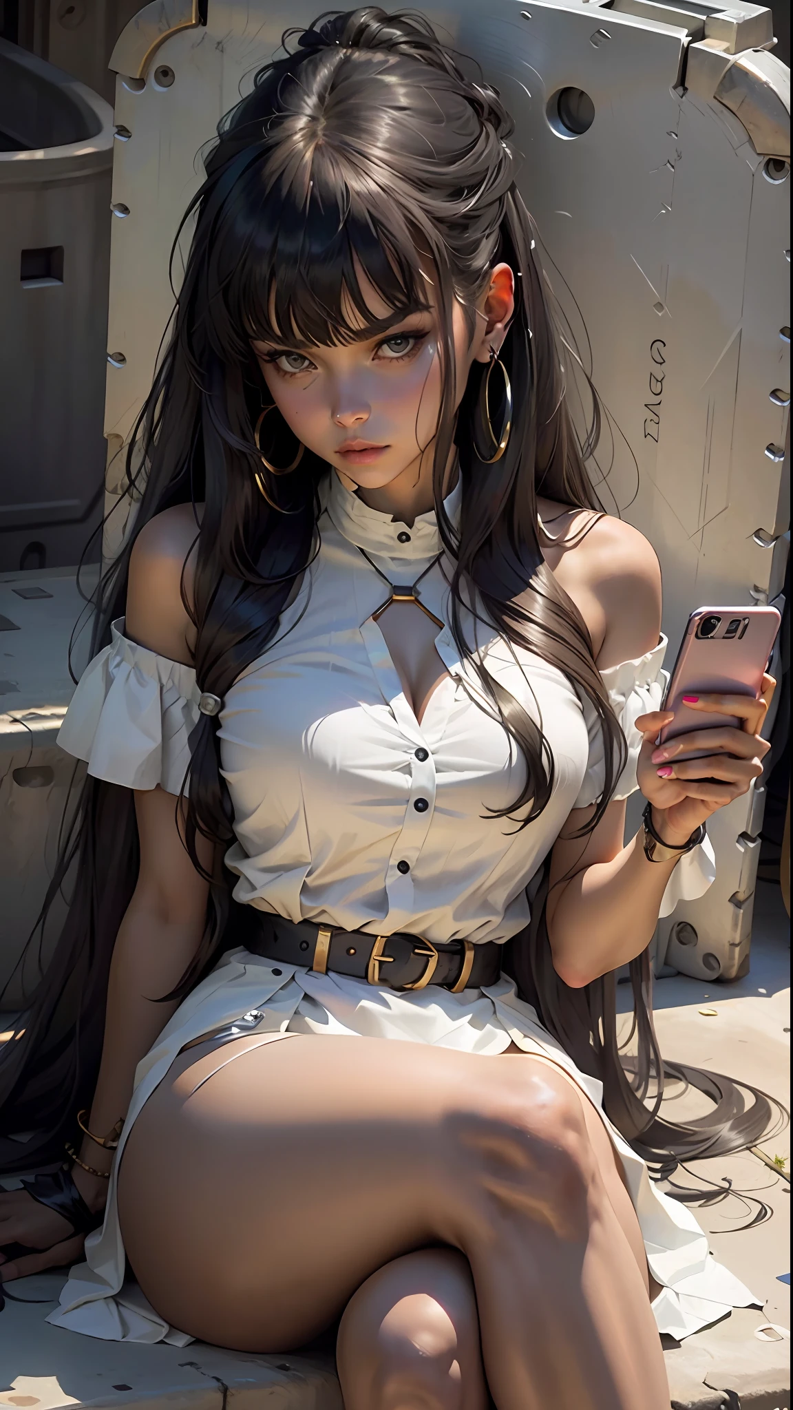 Woman long straight hair, bangs, crossed legs, thick thighs, neckline, serious look, holding cell phone