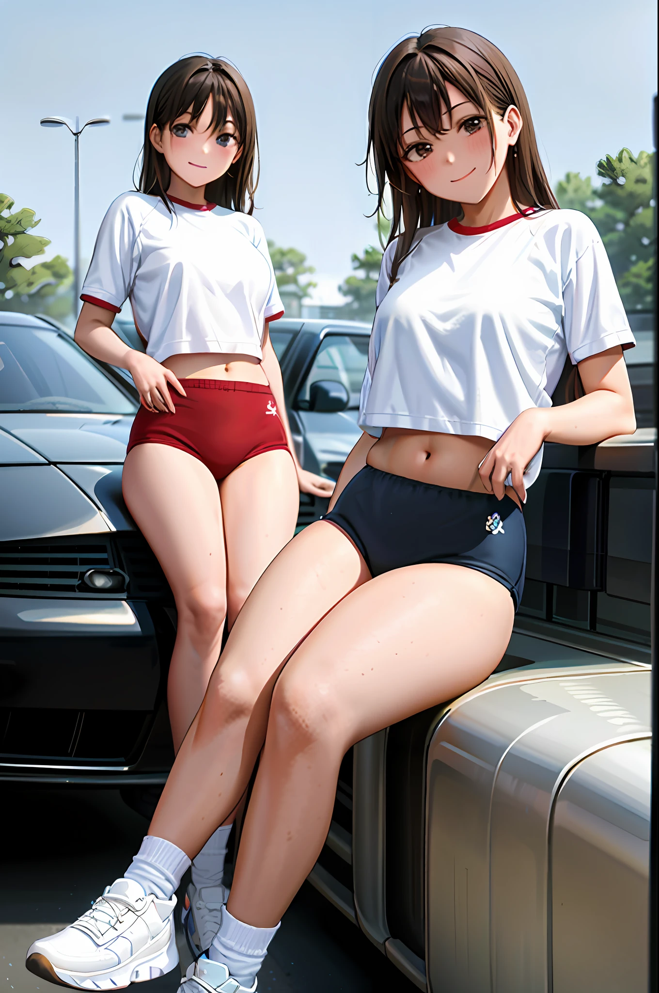 (Masterpiece: 1.2), best quality, illustrations, pretty girls, two schoolgirls, (dark blue bloomers: 1.1) and (white gym clothes: 1.2), smile, black eyes, medium breasts, (black hair: 1.0), navel flicker, thighs, white sneakers, black high socks, (sky: 1.0), lily, car, road,