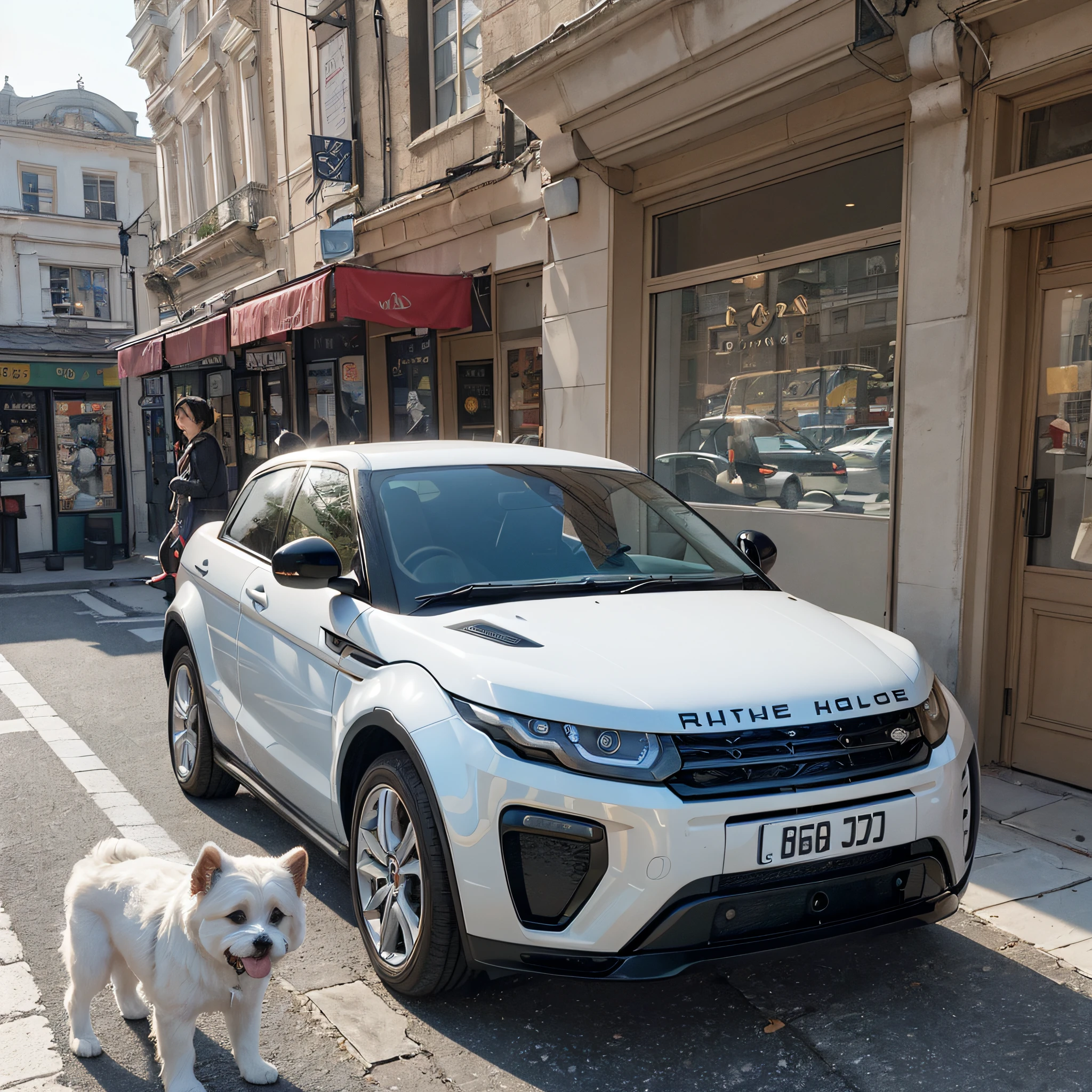 (masterpiece, photorealistic,), (extremely complex:1.2), cinematic light, side lighting, ultra high resolution, full body,a man,a woman, a child (girl), 1 dog lhasa apso, in front of a makeup shop, with a car Lande Rover evoque avelar --auto --s2