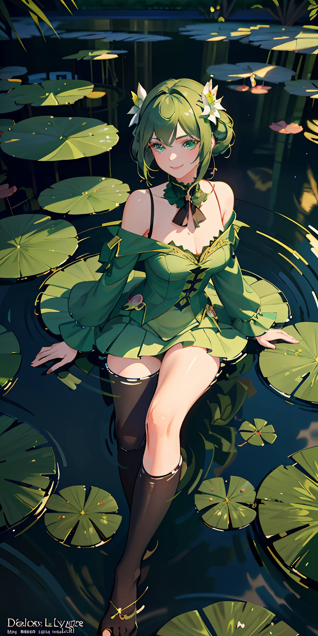 delicate and beautiful CG artwork),(best quality, ultra-detailed, high resolution),(dynamic angle, dynamic lighting),(1 character),(short black and green hair), blue eyes, beautiful face), frog, 1 girl, (long sideburns, plants, smile, black and green clothes, 3 d, frog girl, water lilies, lily pads, lake, pond