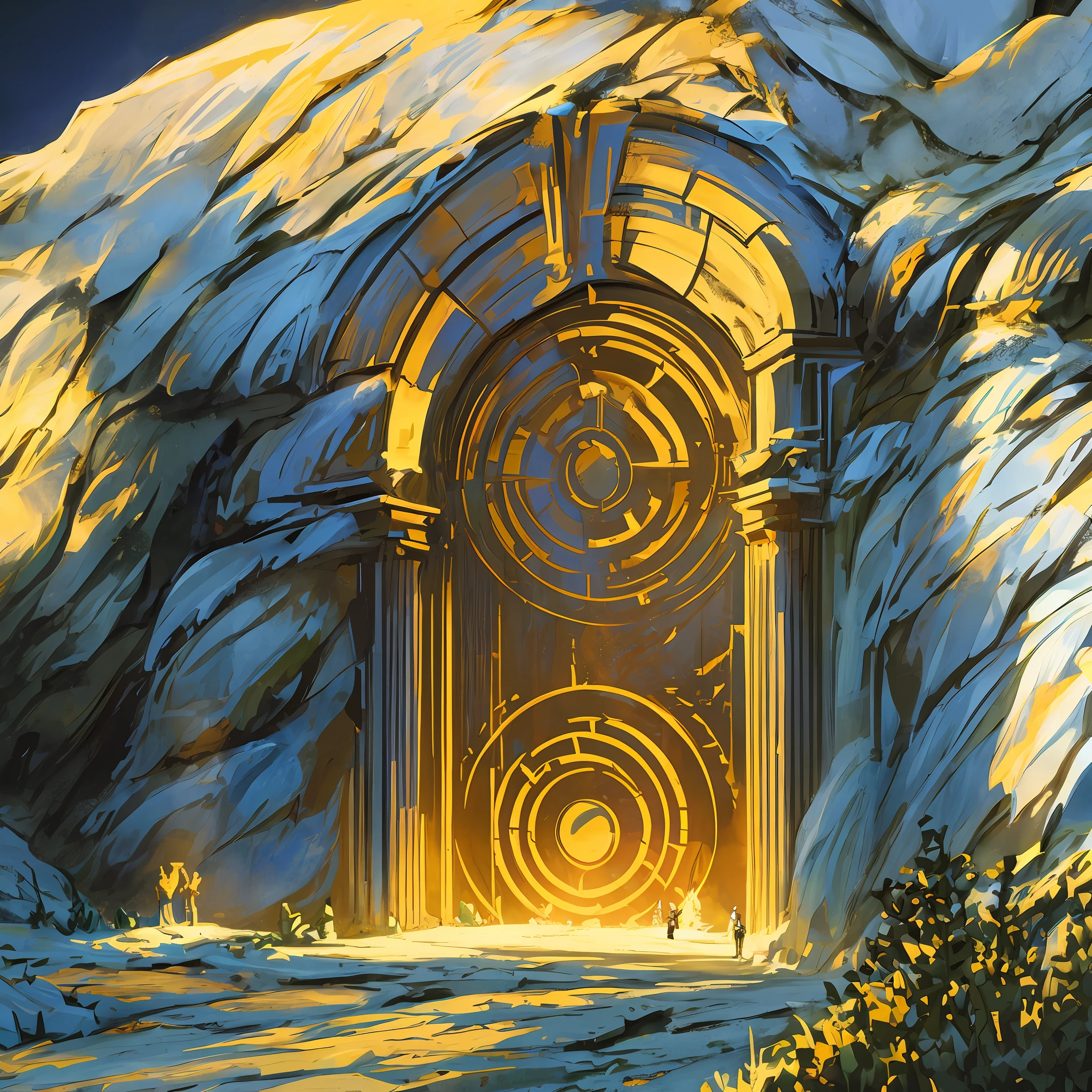 ancient strange ornate golden portal in the side of an old ancient mountain with a couple of people standing around it and looks like they have a research camp setup