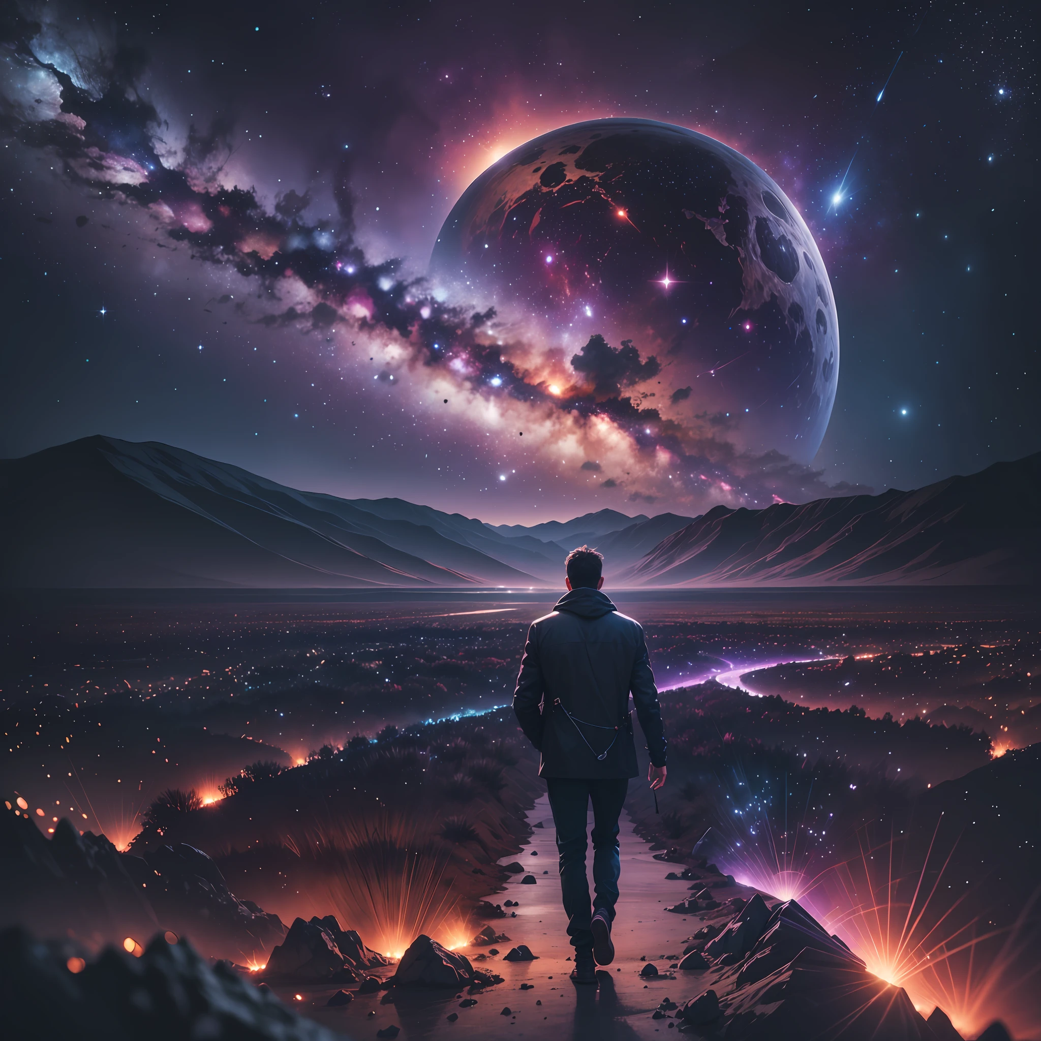 A landscape, Montage, night, a man walking in the middle of a galaxy.8k, super detail, ccurate, best quality, UHD, masterpiece