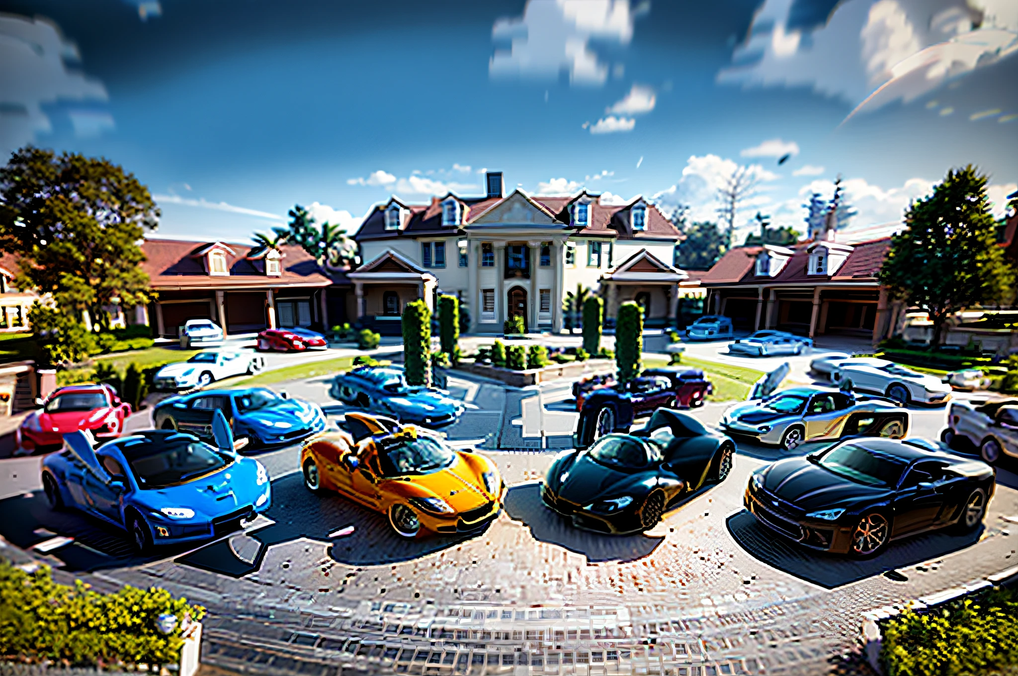 a group of cars parked in front of a large house, many exotic cars, luxury lifestyle, kicking a florida mansion, mansion, huge mansion, expensive masterpiece, well-designed masterpiece, rich style, inside a grand, exquisite masterpiece, rich house, luxury and elite, hyper maximalist, hyper luxurious, very very very rich, super rich