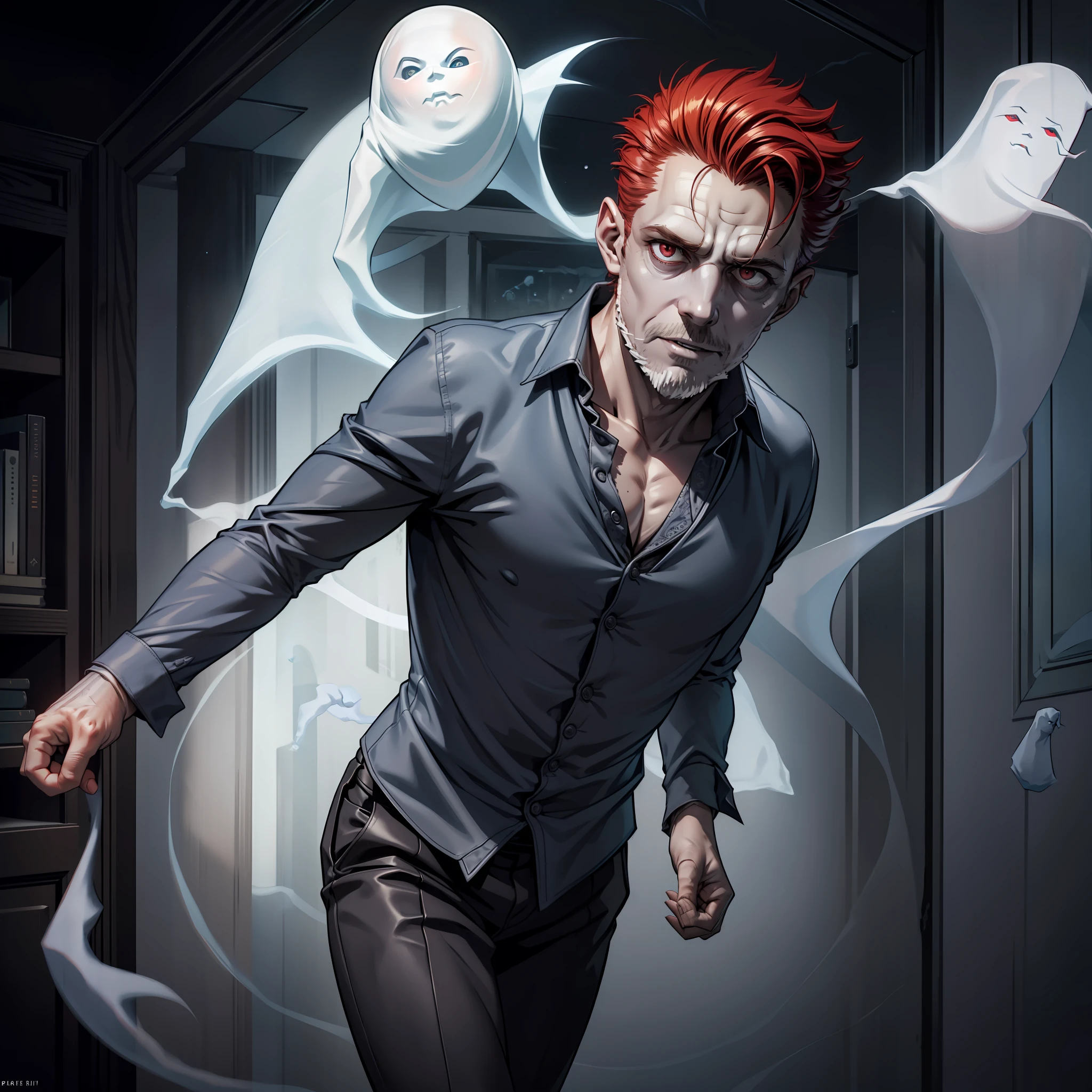 (extremely detailed 8k wallpaper), dark theme, Vampire the Masquerade, modern horror, 2020s, ((((((middle-aged ghost man)))))))), (((spectral body)))), wearing blue dress shirt, swimming teacher, sharp focus, (subsurface scattering:1.1), award-winning photography, centered face, half-body photo:1.1, (short red hair), white eyes:1.2, serious expression, inside haunted room, dramatic lighting