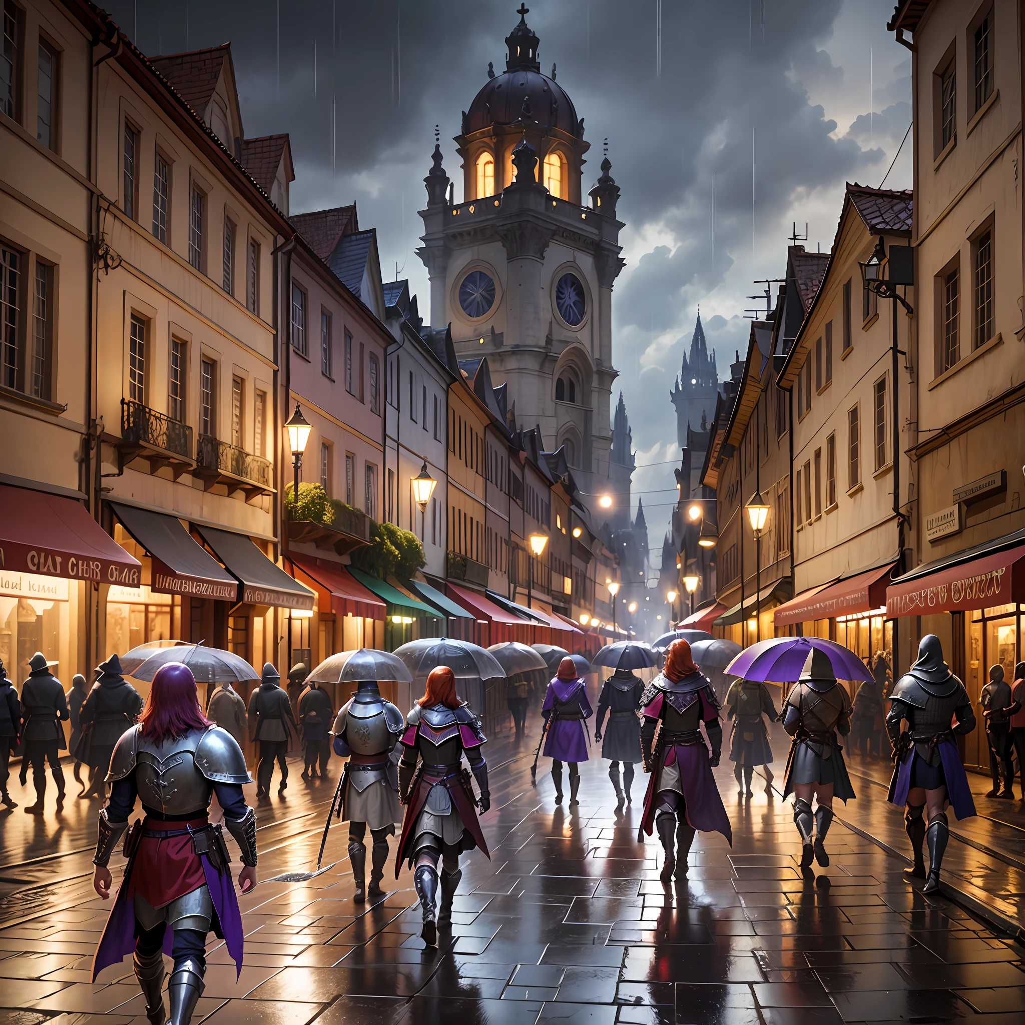 Red hair, purple armor, guerreiros, cidade medieval, escura, batalha, épico, guerra, Surrealism, 8k, super detail, war, battle, darkness, rain, night, fight, torchs, war, conflict, medieval city, landscape